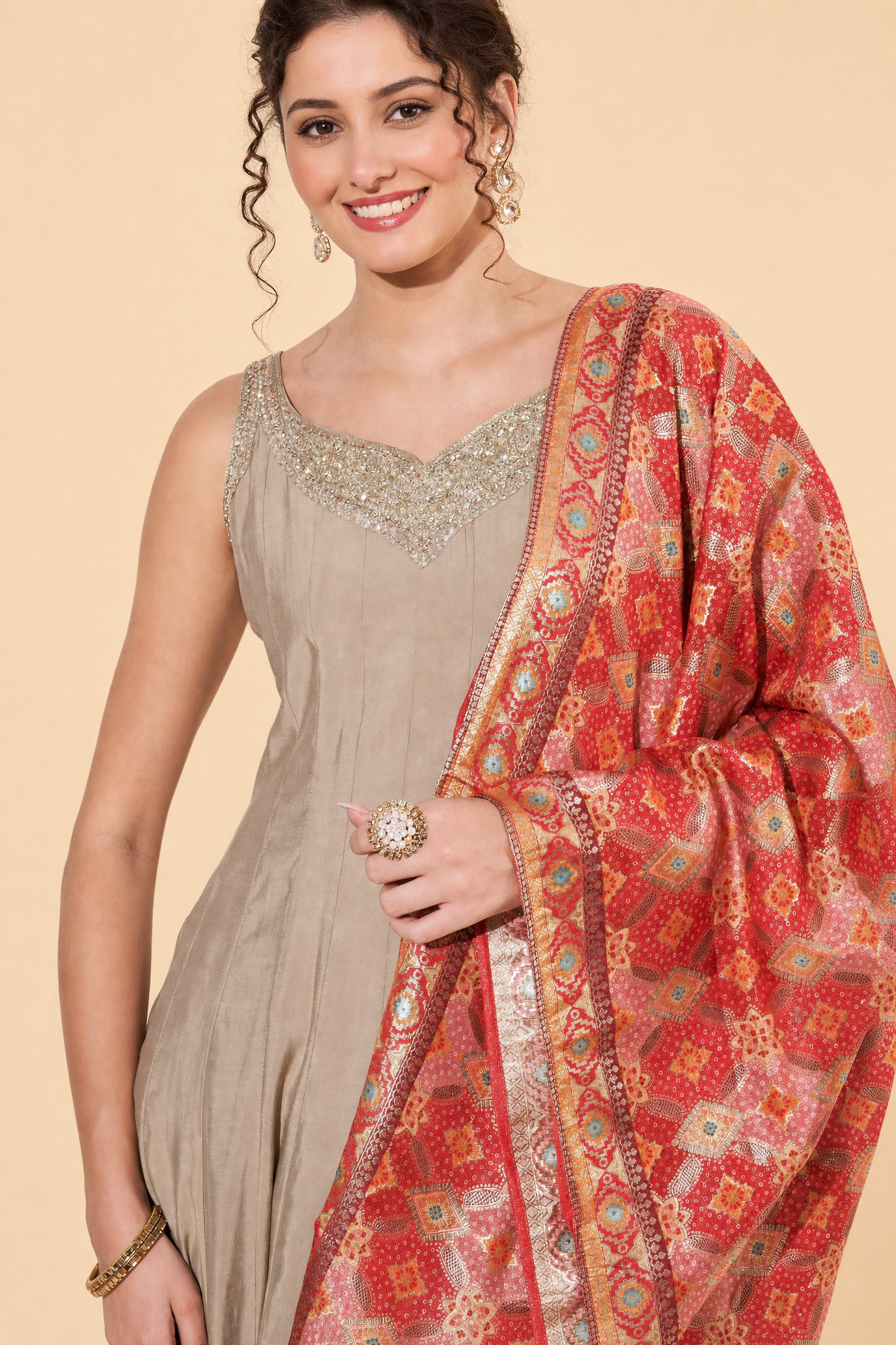 Beige Embellished Anarkali Suit with Foil Print Dupatta For Women