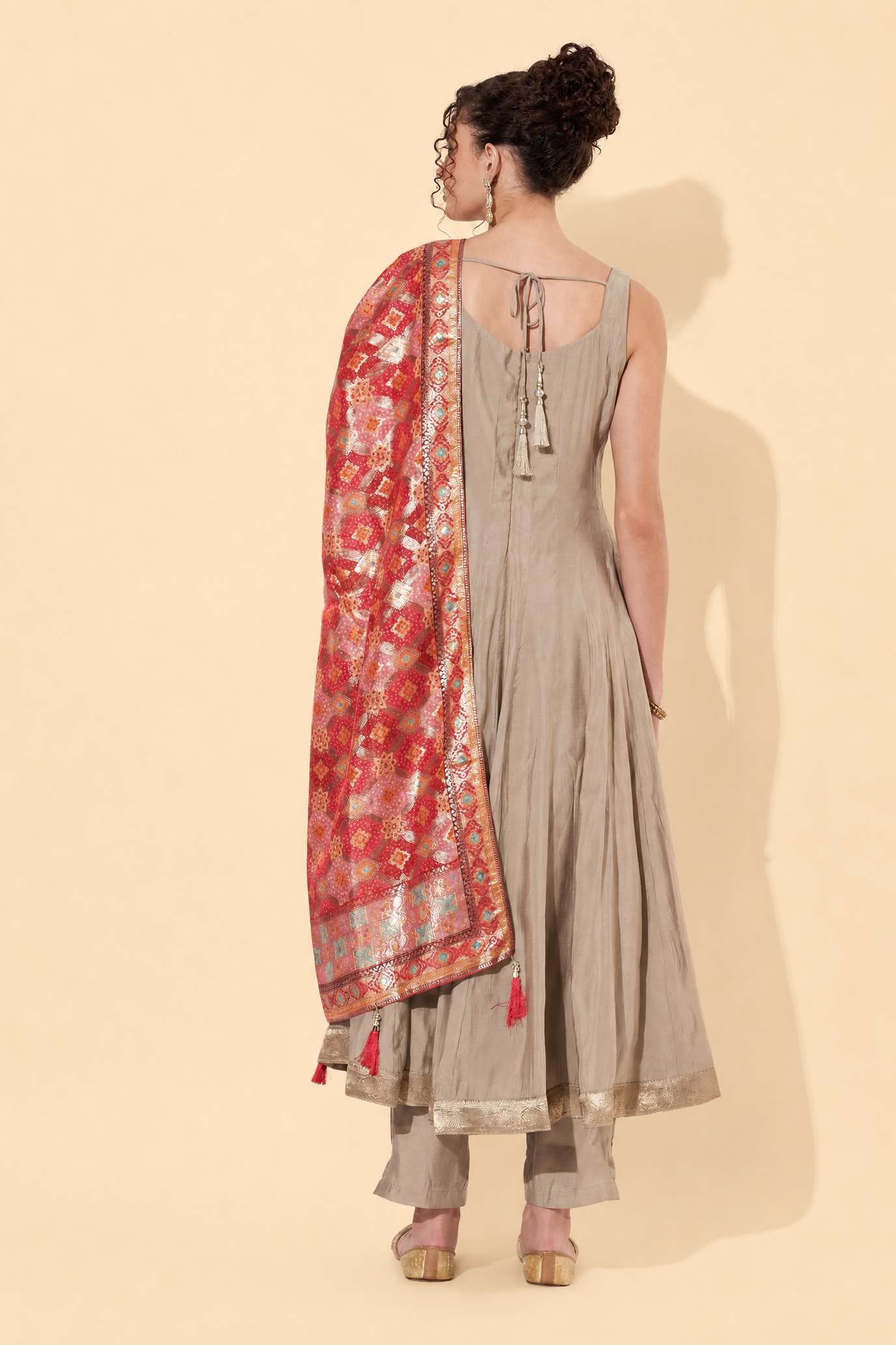 Beige Embellished Anarkali Suit with Foil Print Dupatta For Women