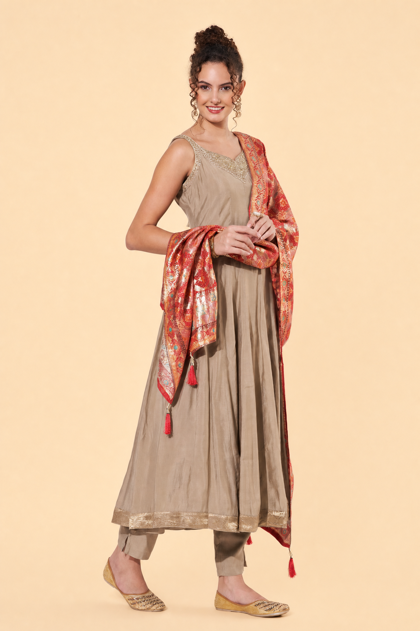 Beige Embellished Anarkali Suit with Foil Print Dupatta For Women