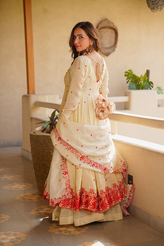 Beige Embroidered Anarkali Suit with Dupatta for Women