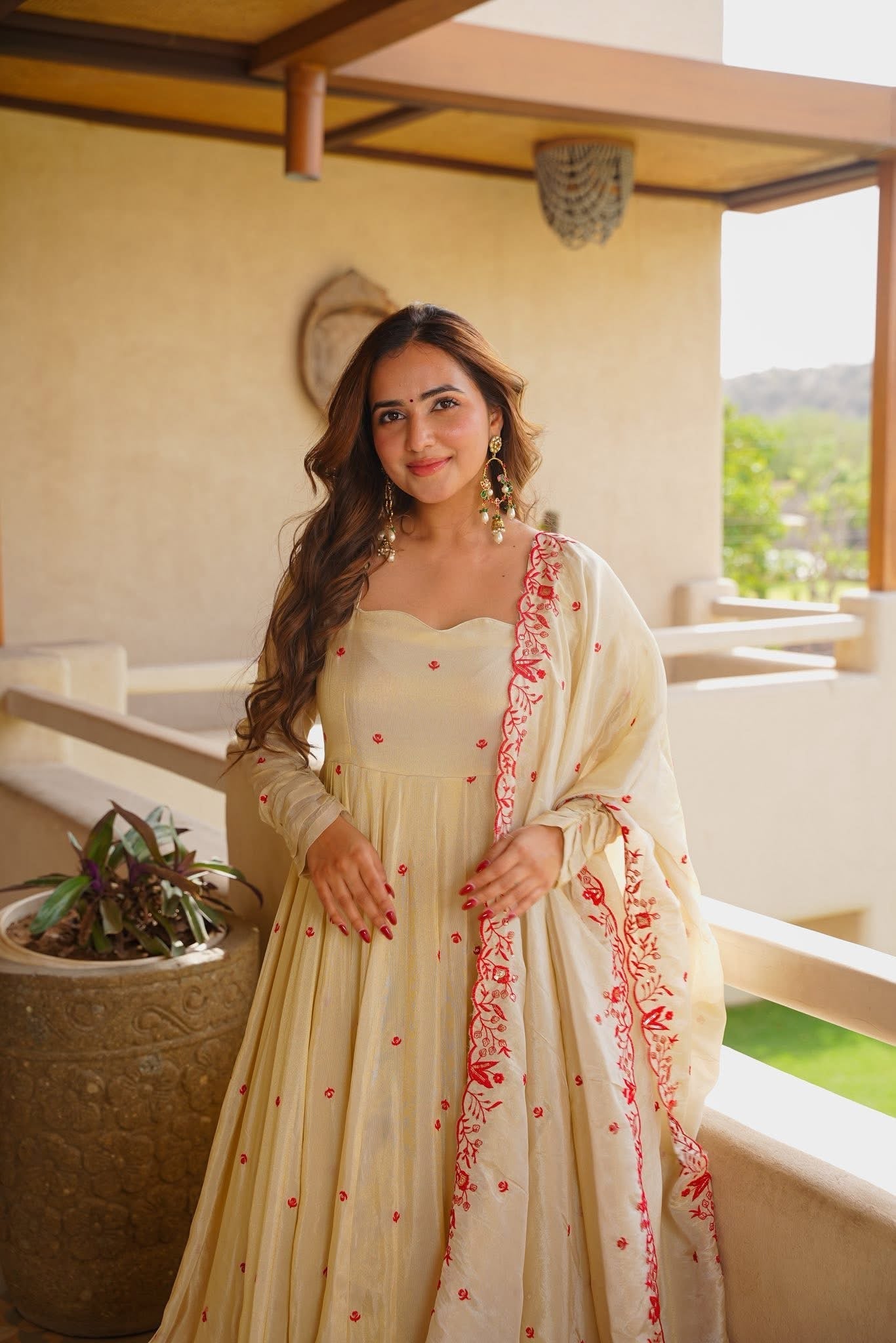 Beige Embroidered Anarkali Suit with Dupatta for Women