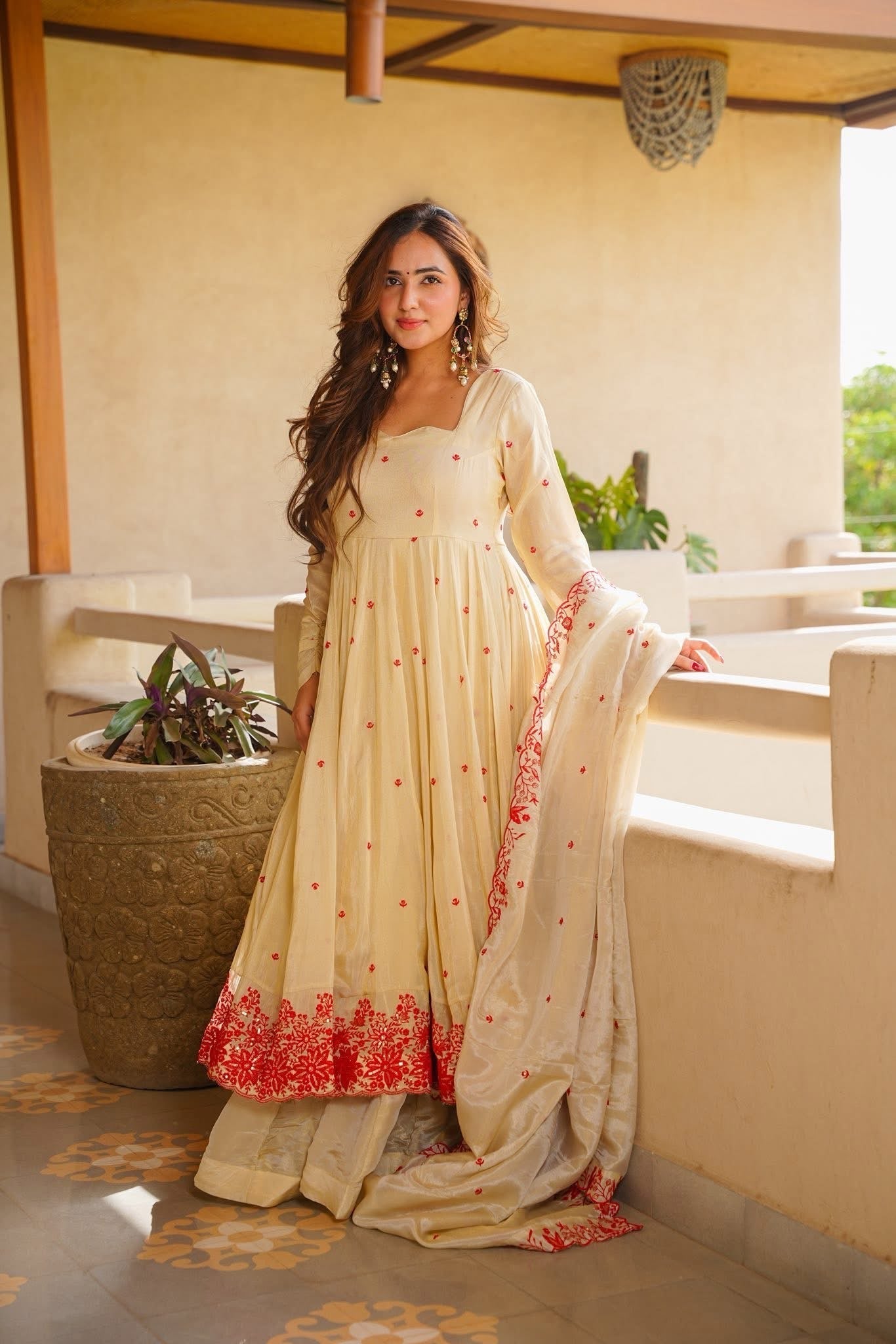 Beige Embroidered Anarkali Suit with Dupatta for Women