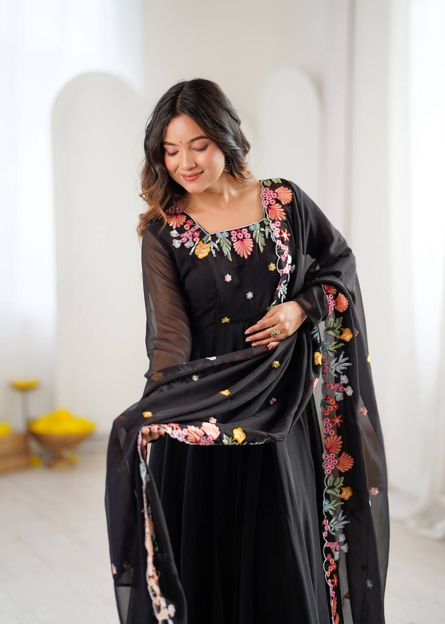 Black Floral Embroidered Anarkali Suit Set for Party Wear