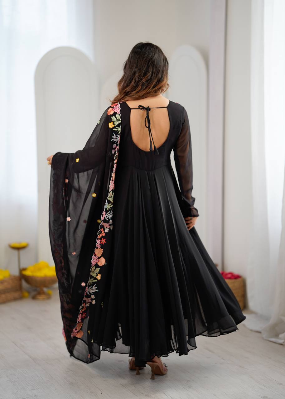 Black Floral Embroidered Anarkali Suit Set for Party Wear