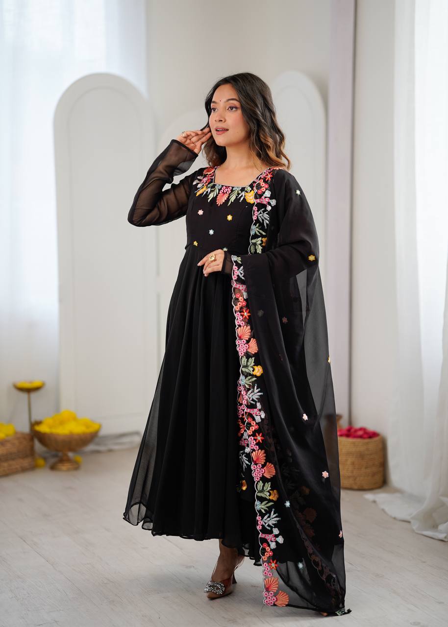 Black Floral Embroidered Anarkali Suit Set for Party Wear