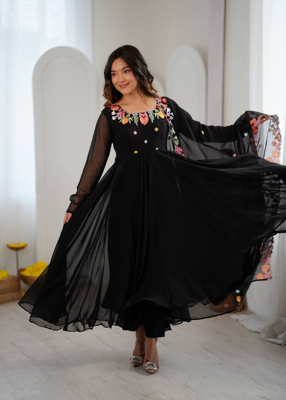 Black Floral Embroidered Anarkali Suit Set for Party Wear
