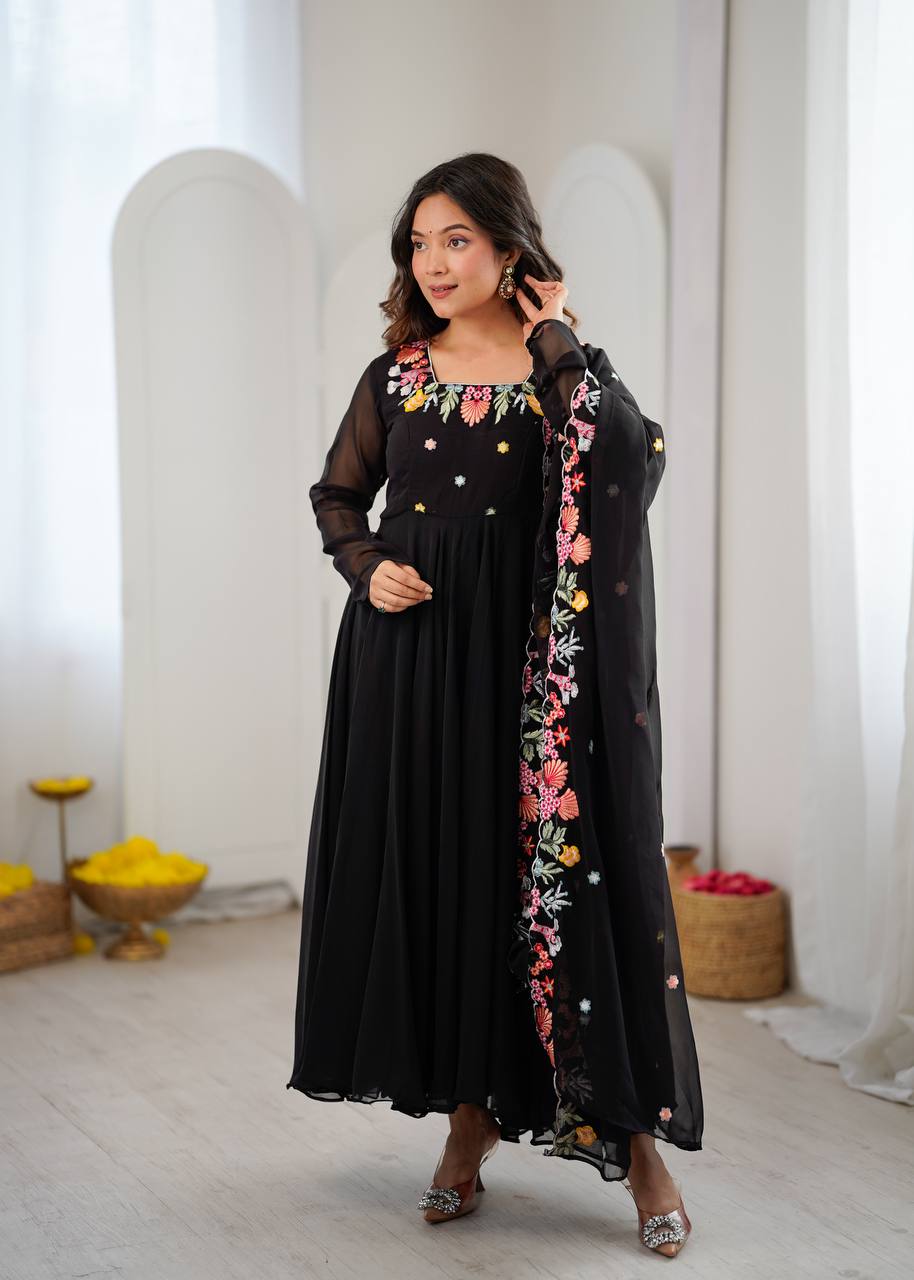 Black Floral Embroidered Anarkali Suit Set for Party Wear