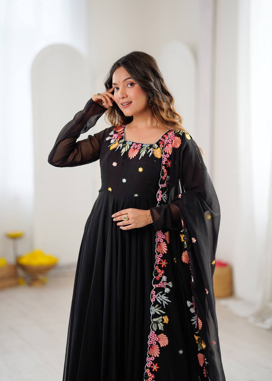 Black Floral Embroidered Anarkali Suit Set for Party Wear
