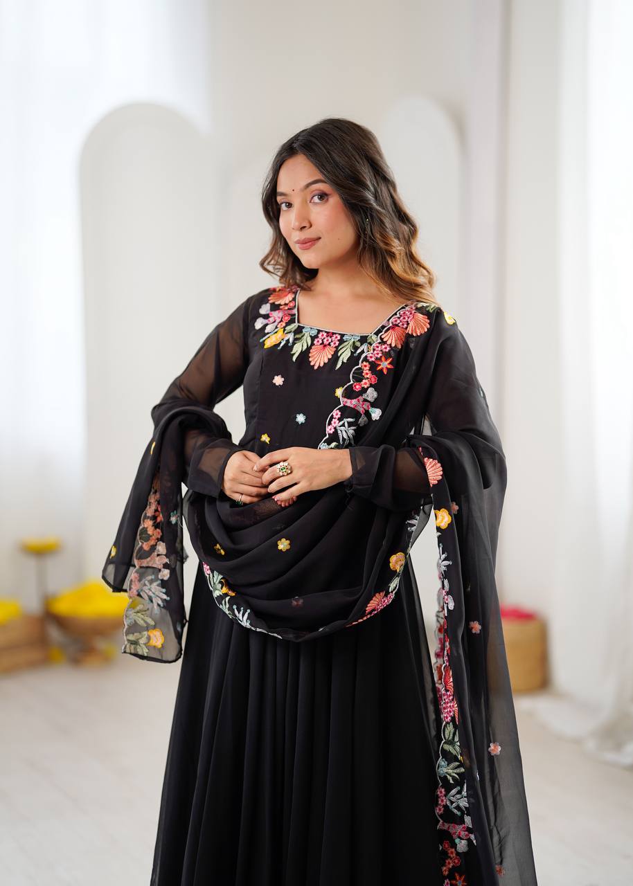 Black Floral Embroidered Anarkali Suit Set for Party Wear