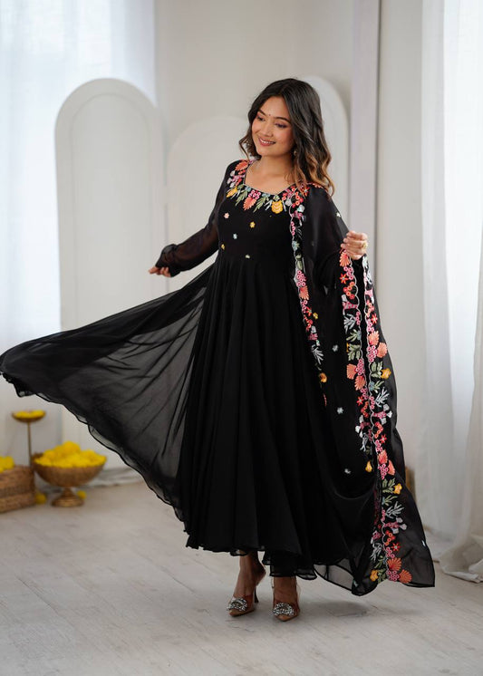 Black Floral Embroidered Anarkali Suit Set for Party Wear