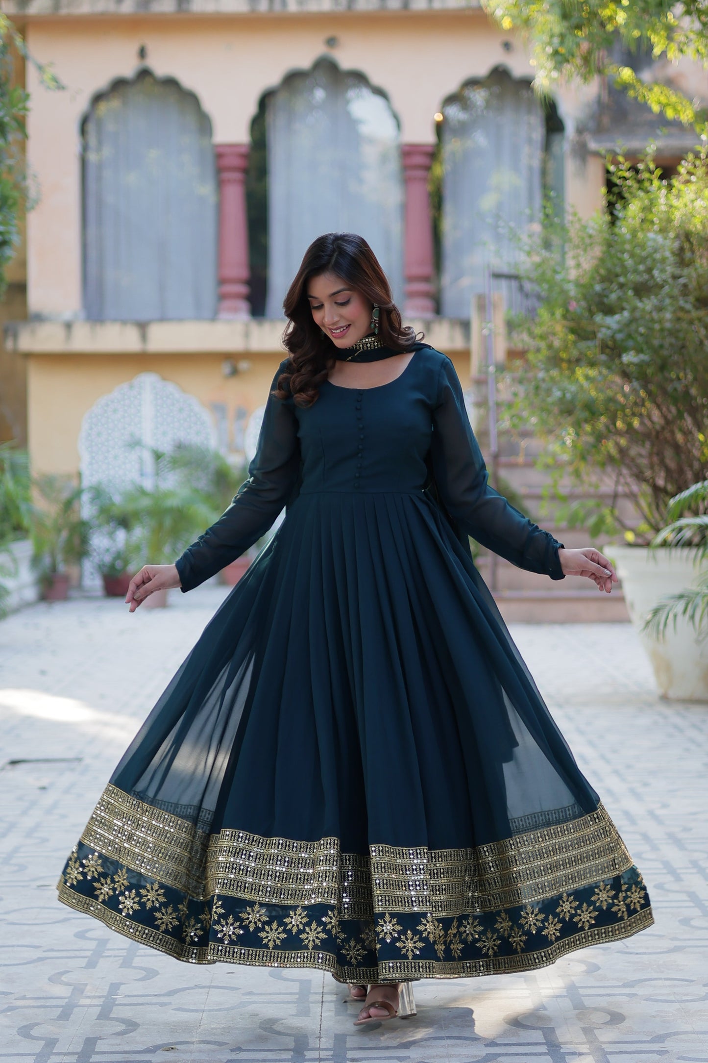 blue georgette embroidered gown 