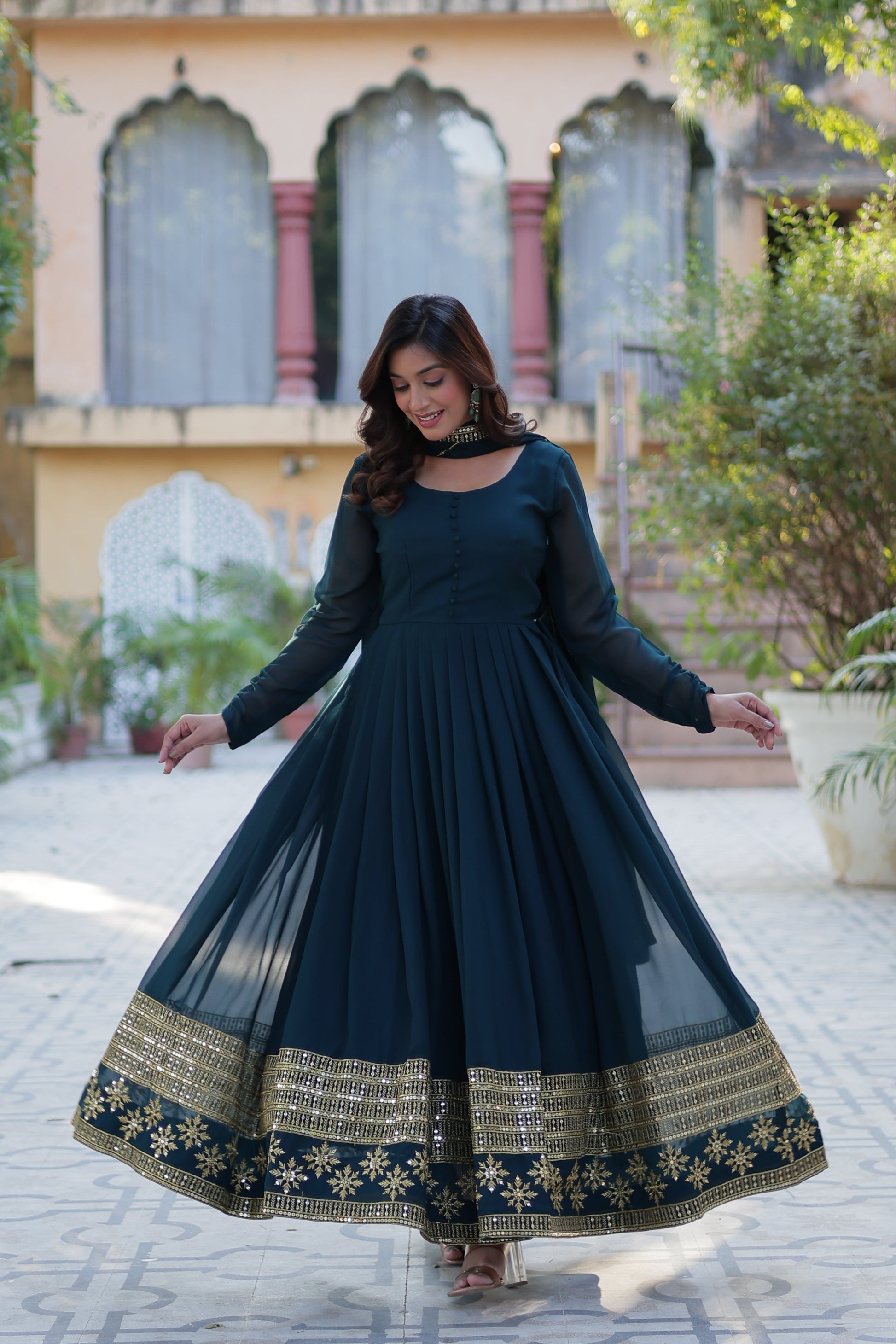 blue georgette embroidered gown 