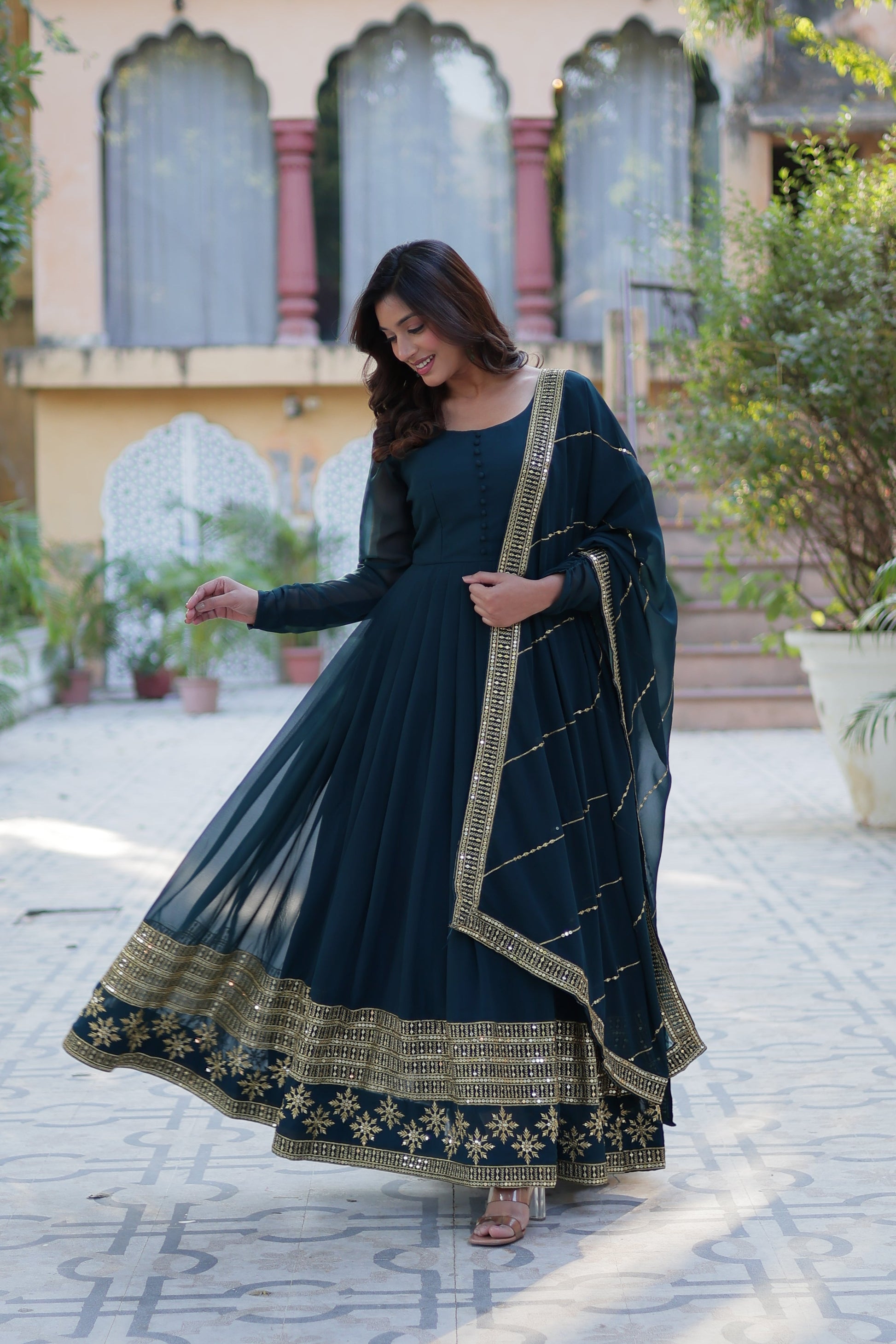 blue georgette embroidered gown 