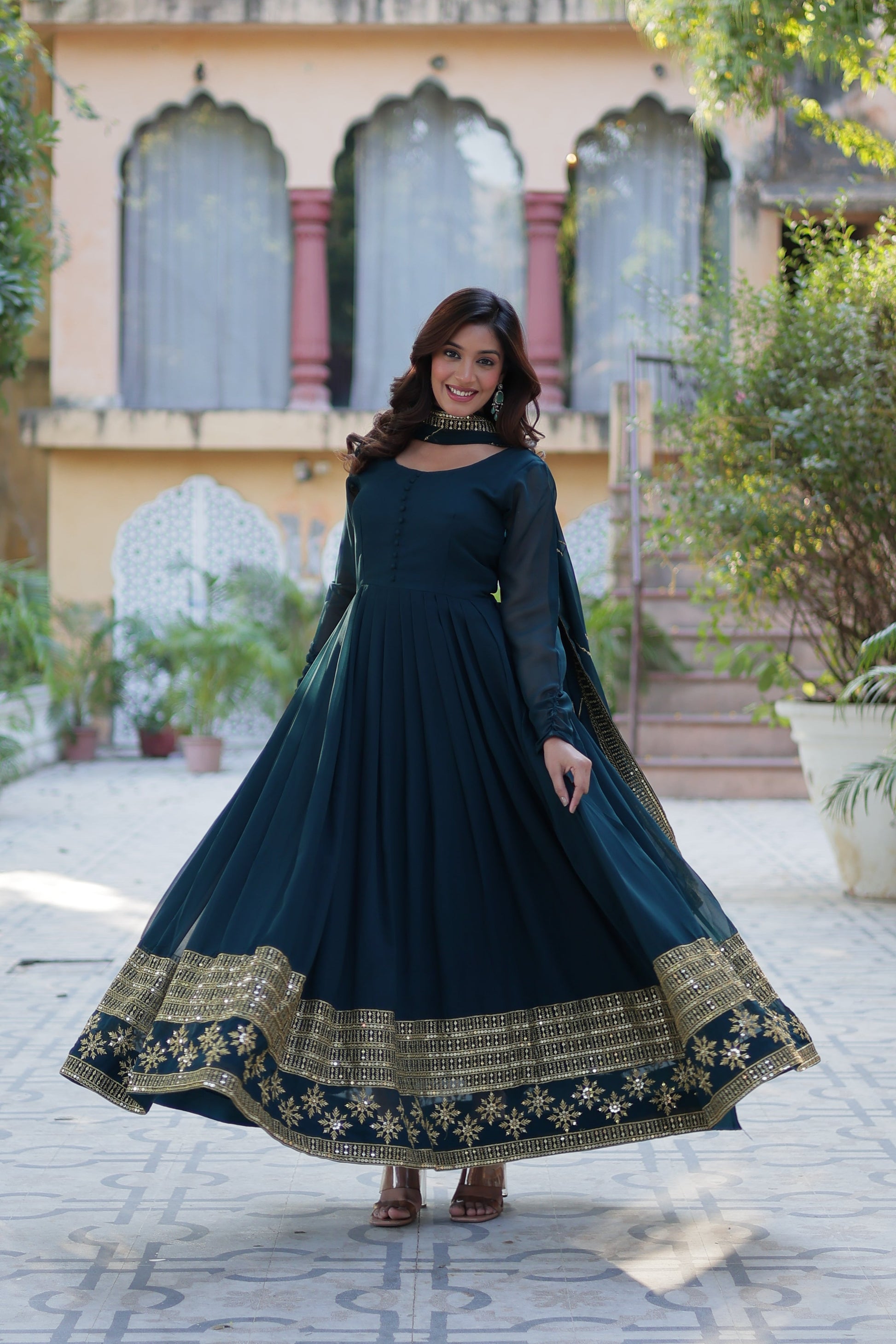 blue georgette embroidered gown 