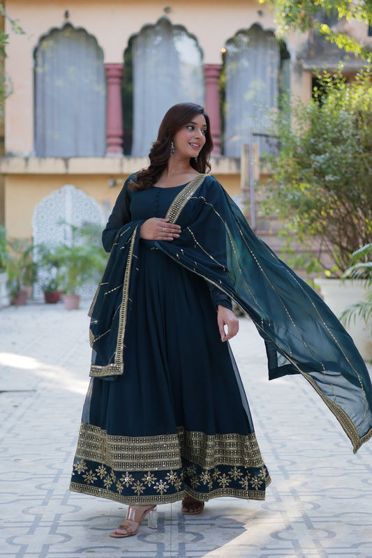 blue georgette embroidered gown 