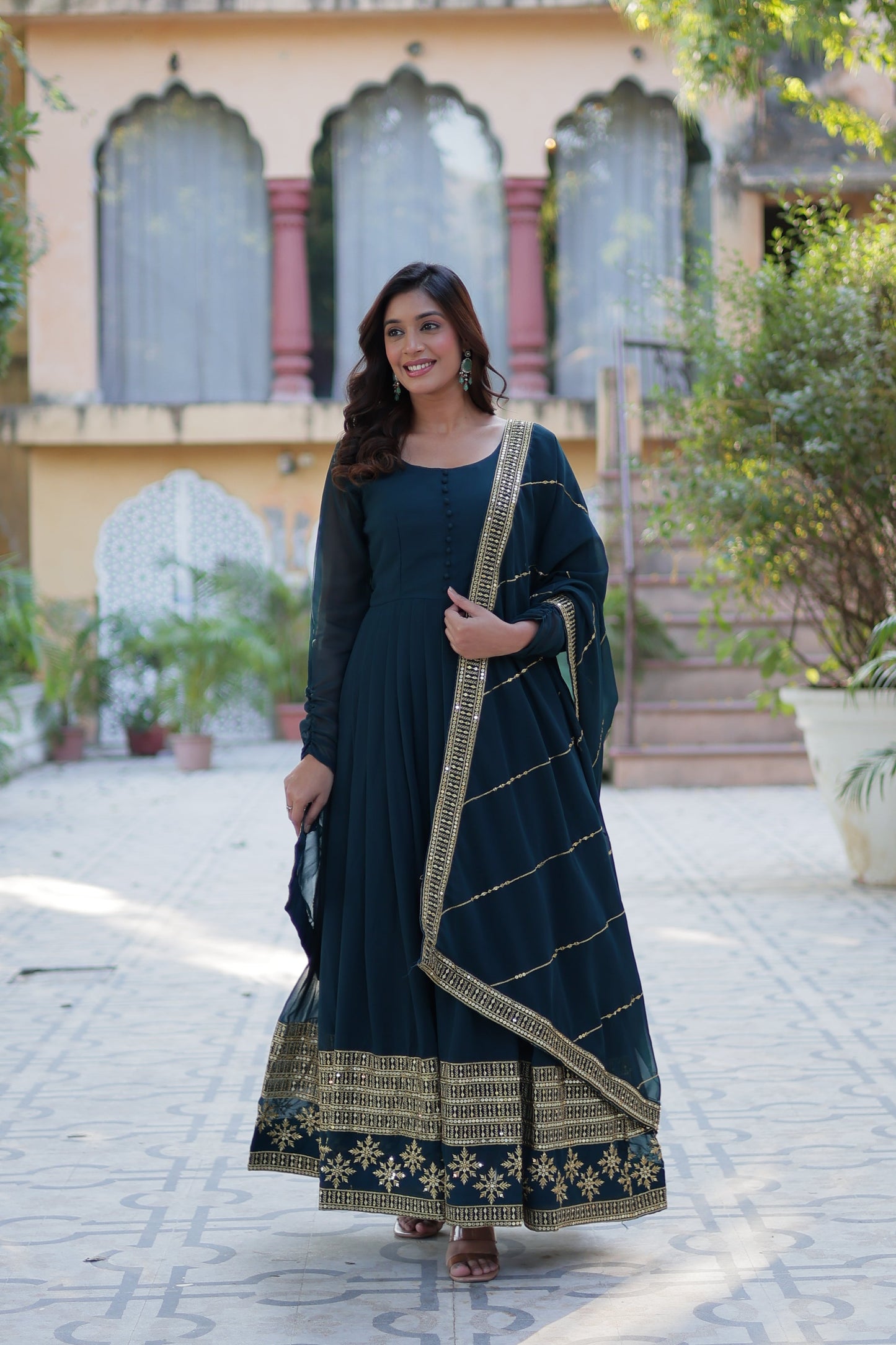 blue georgette embroidered gown main
