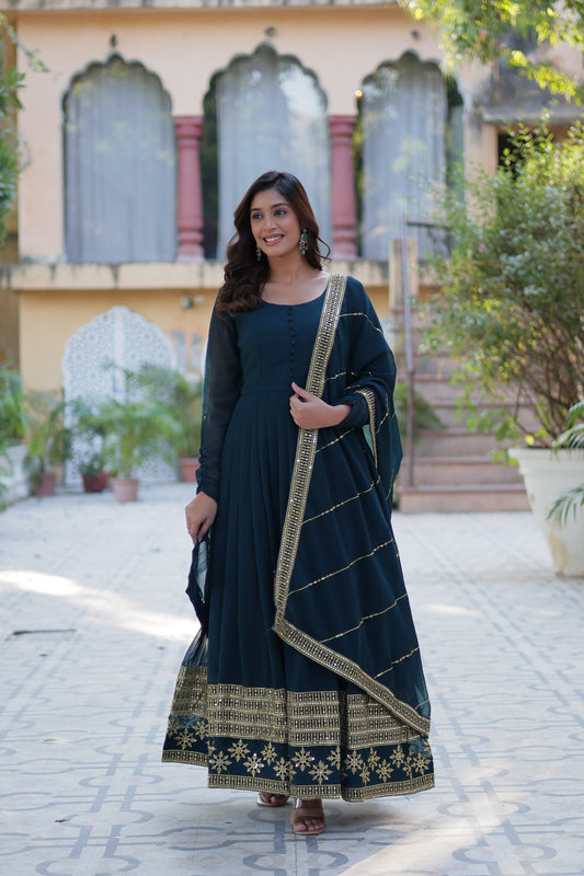 blue georgette embroidered gown main