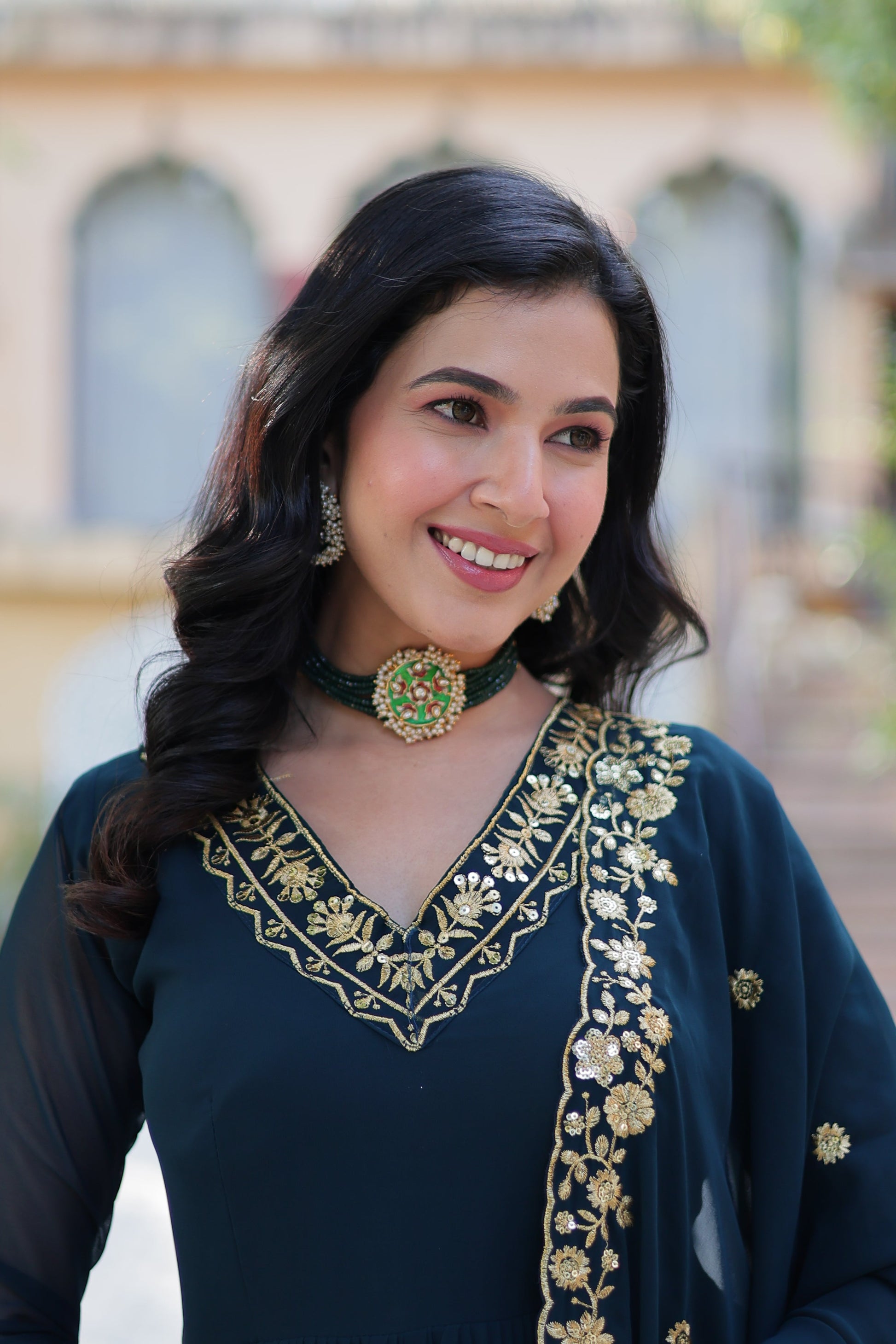 blue georgette gown with dupatta 