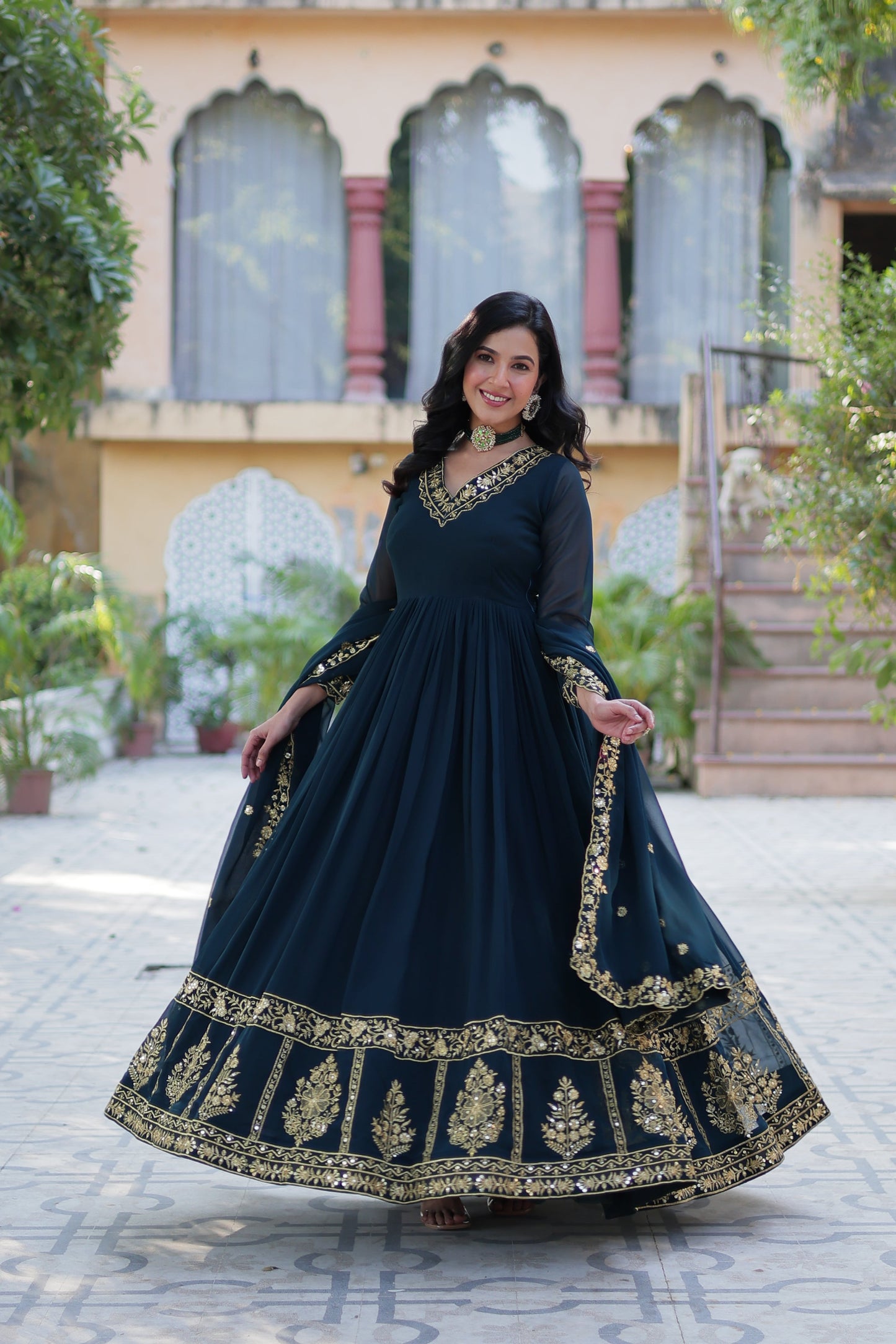 blue georgette gown with dupatta 