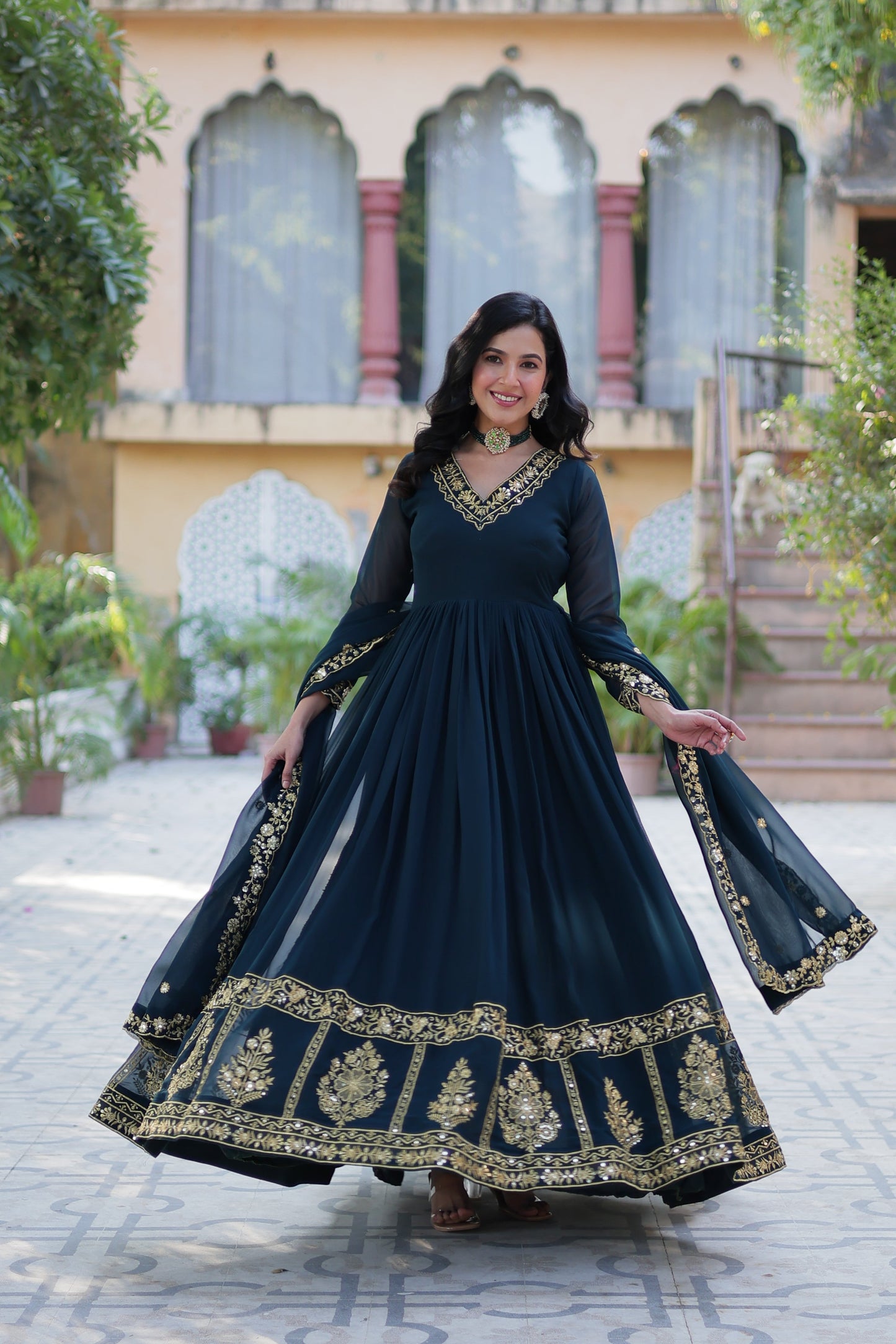 blue georgette gown with dupatta 