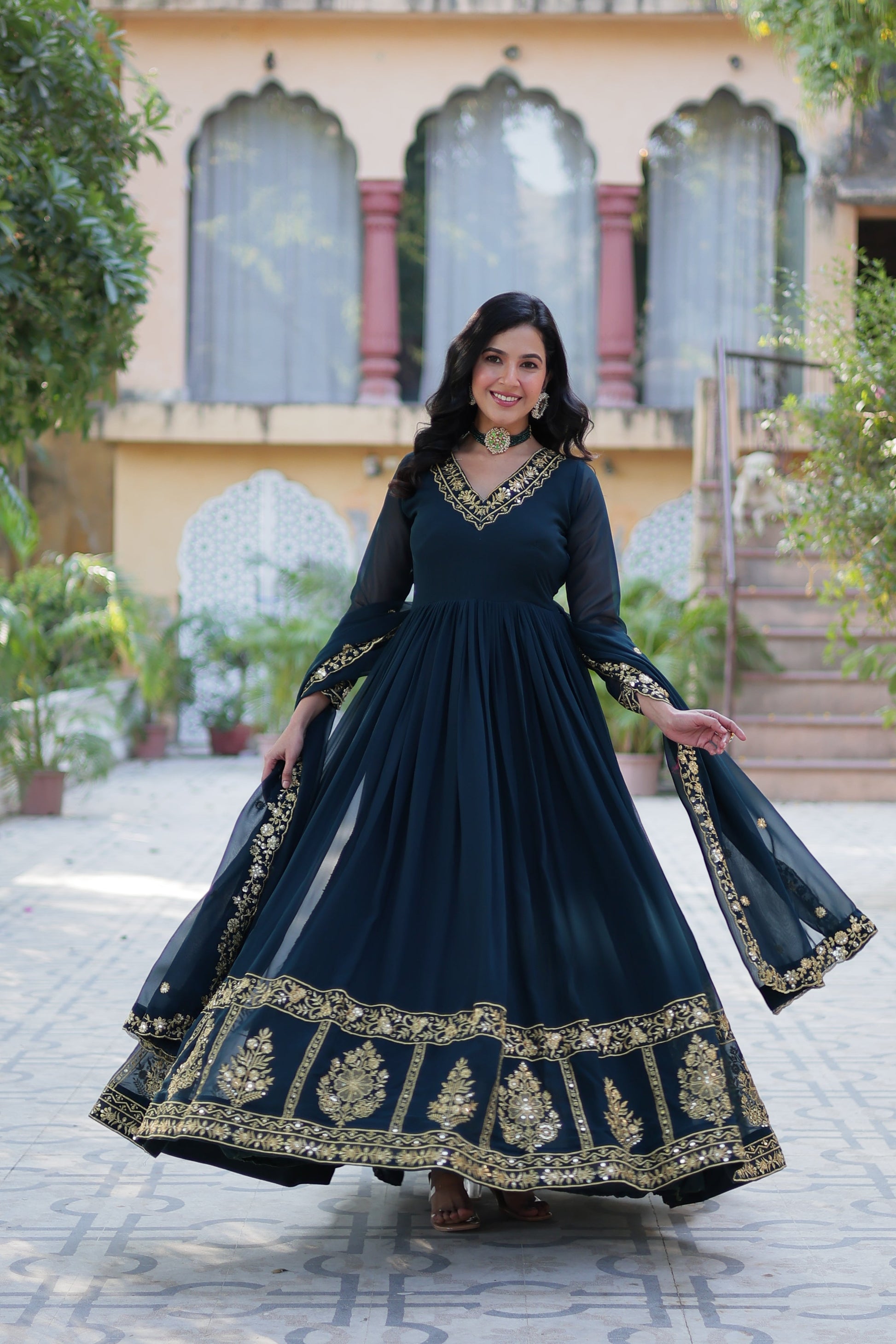 blue georgette gown with dupatta 