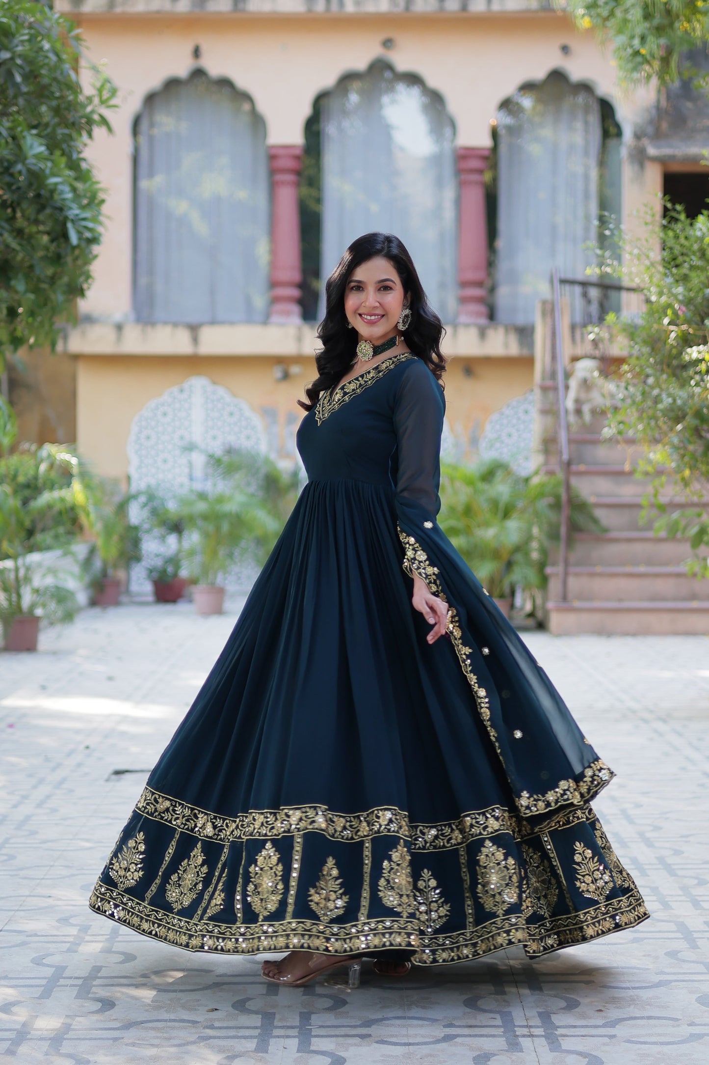 blue georgette gown with dupatta 