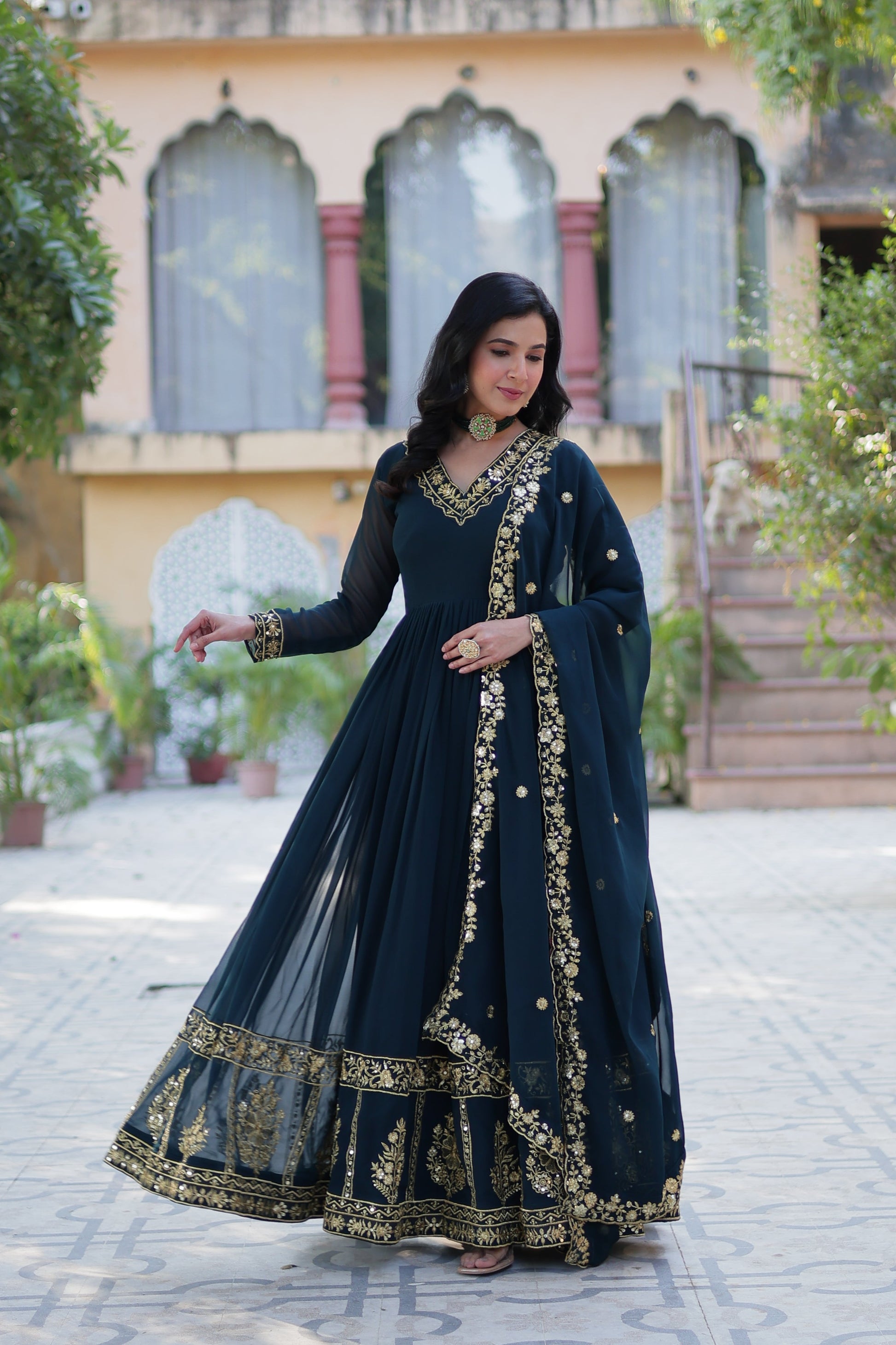 blue georgette gown with dupatta 