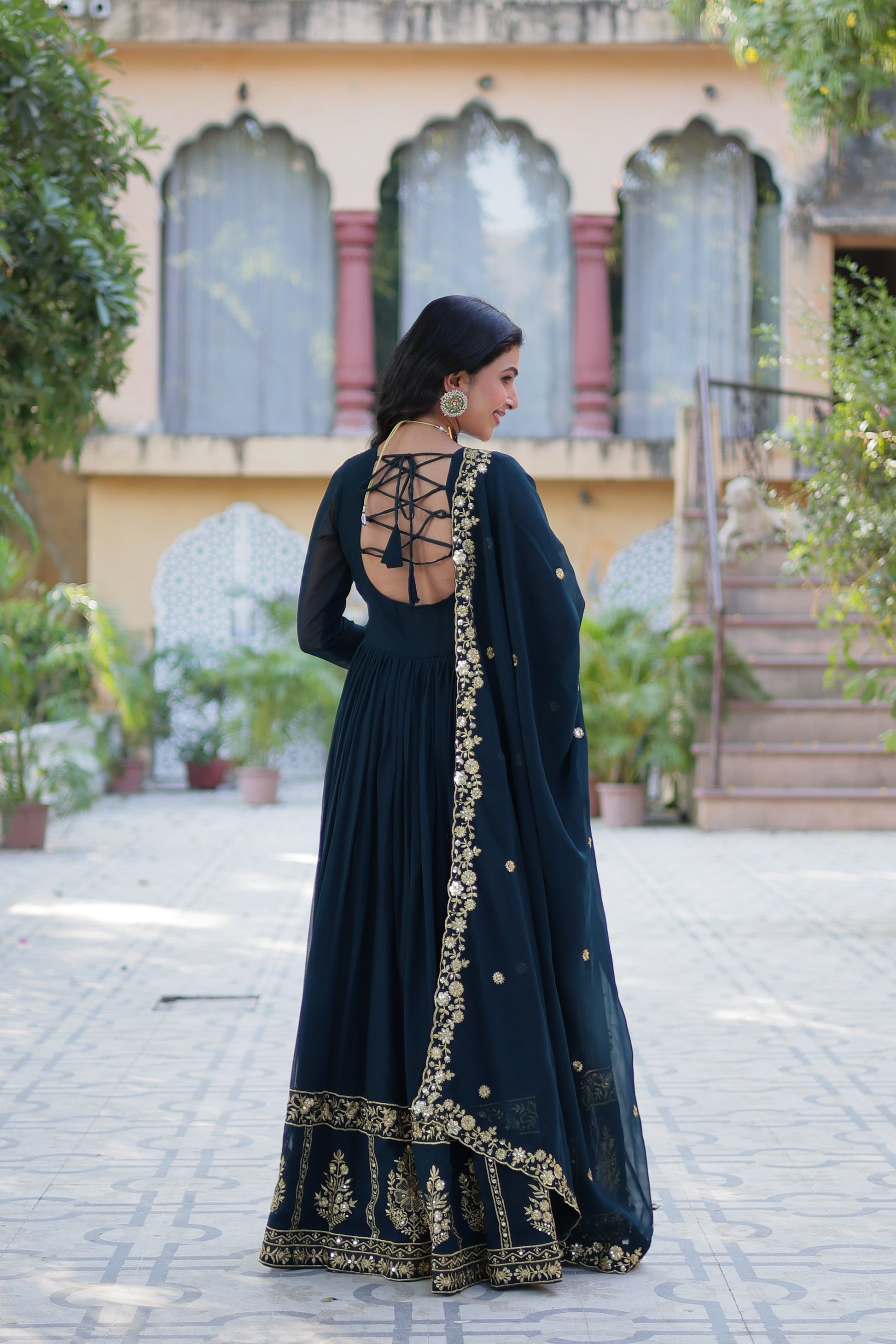 blue georgette gown with dupatta 