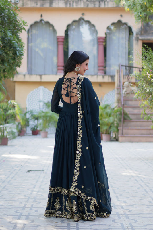 blue georgette gown with dupatta 