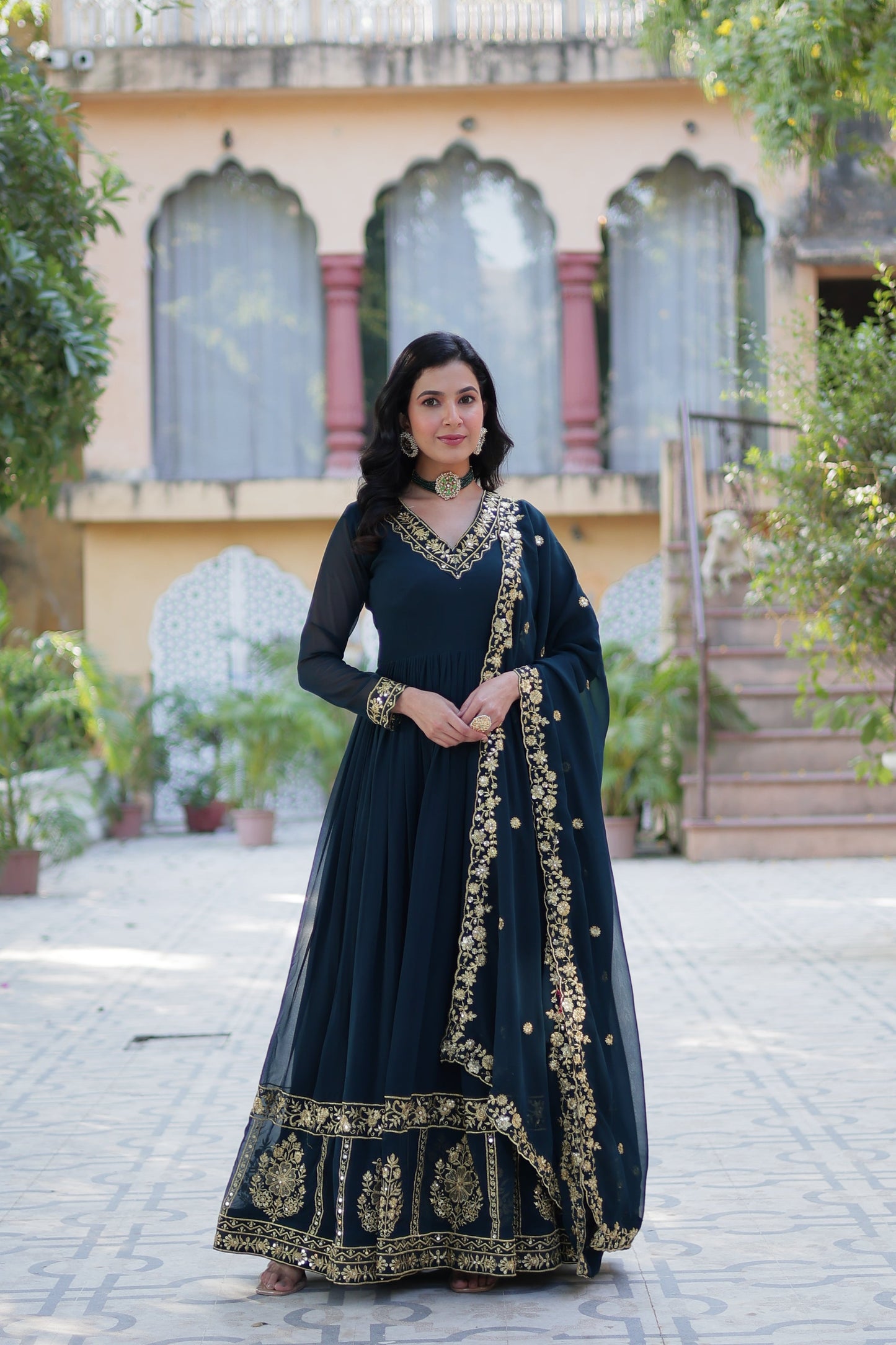 blue georgette gown with dupatta main