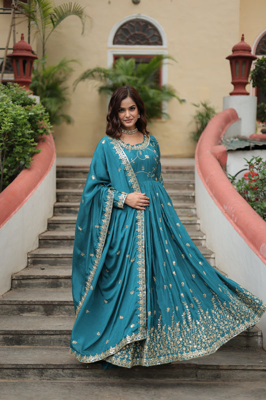 Blue Embroidered Three Piece Sharara