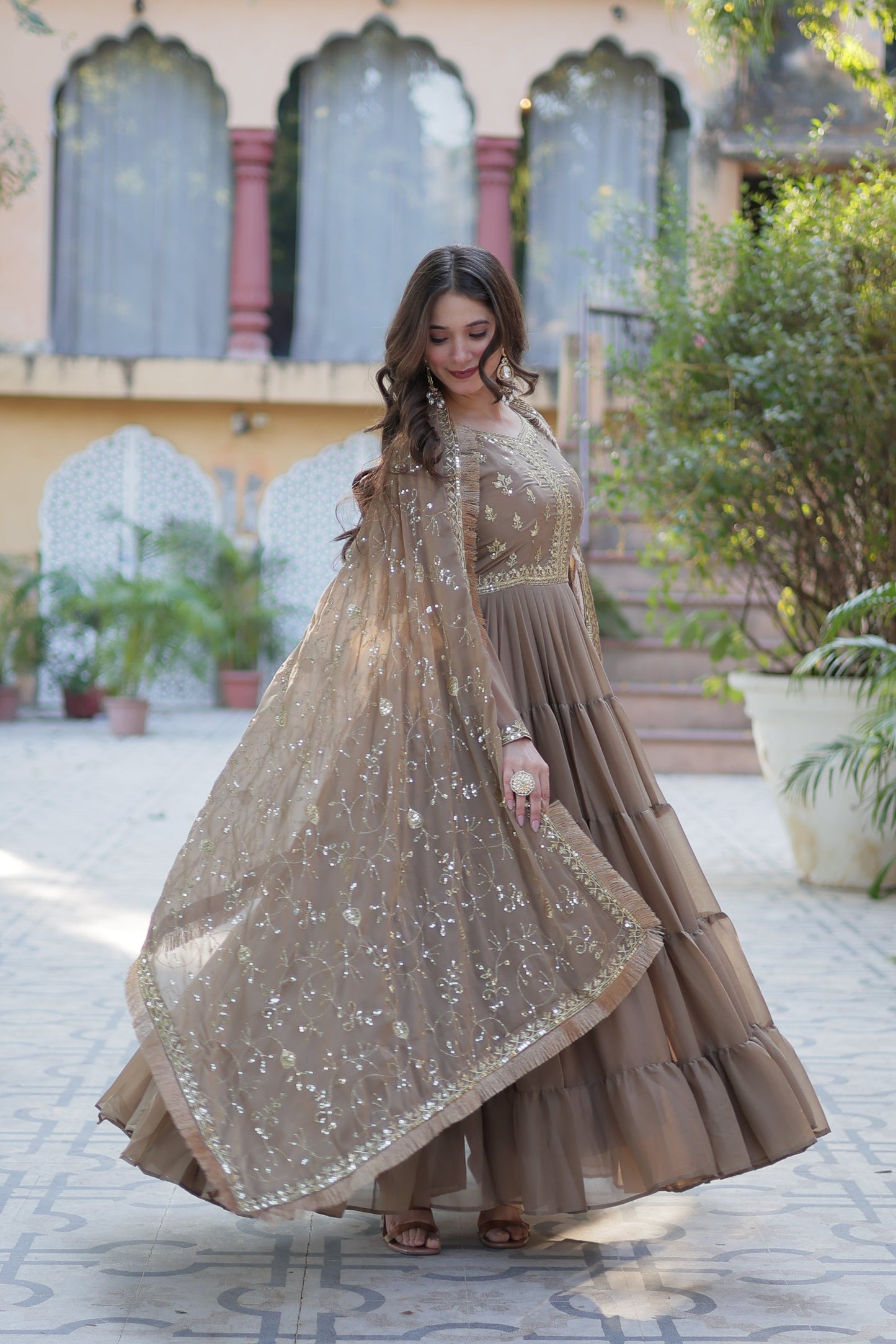 brown gown with dupatta 