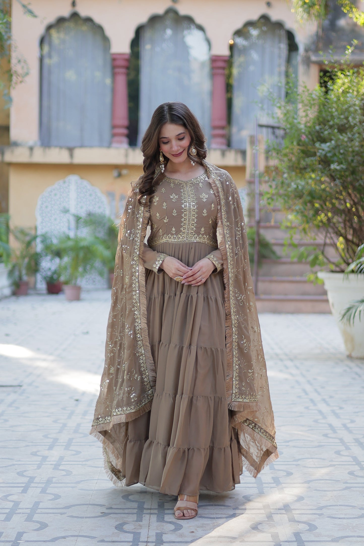 brown gown with dupatta 
