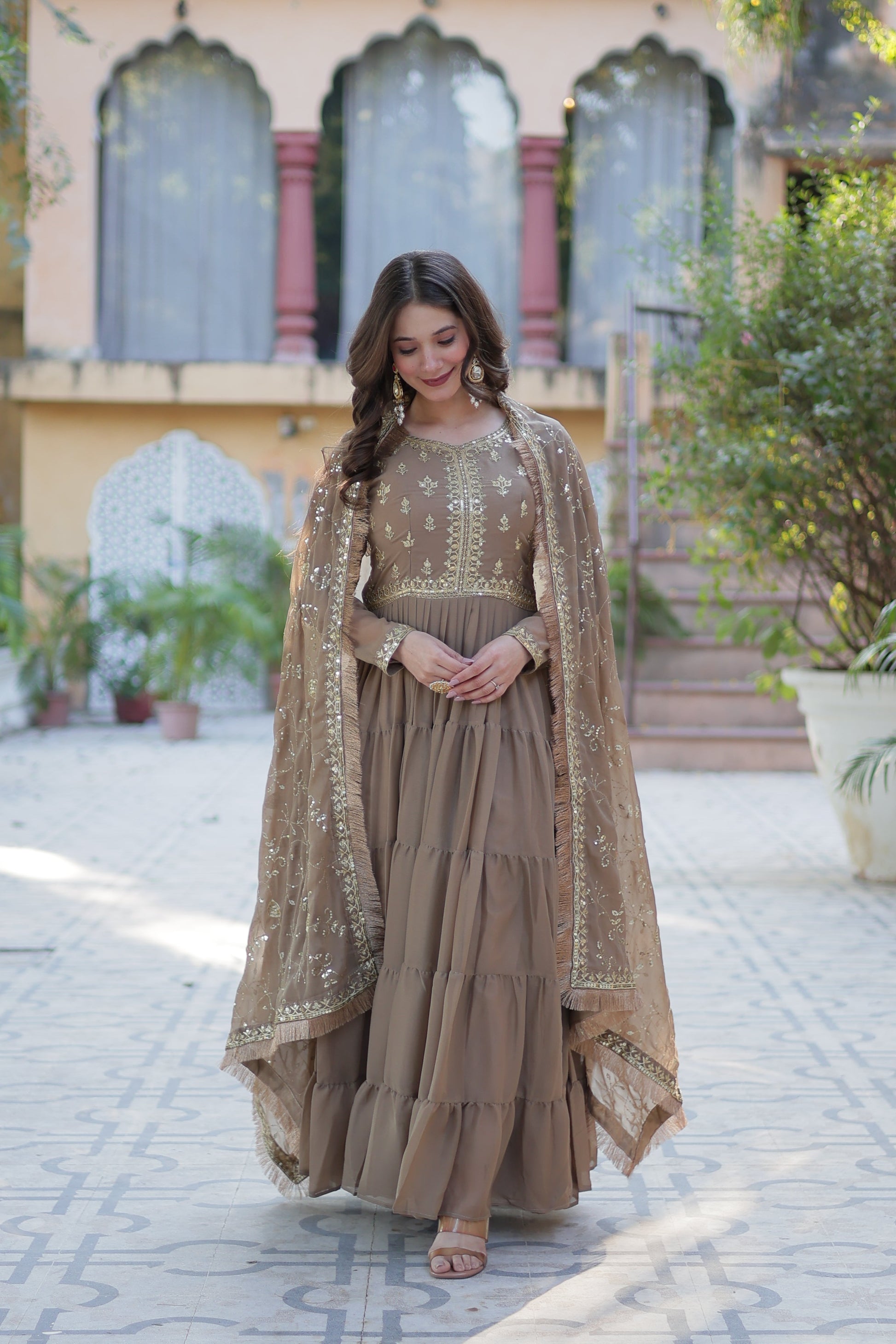 brown gown with dupatta 