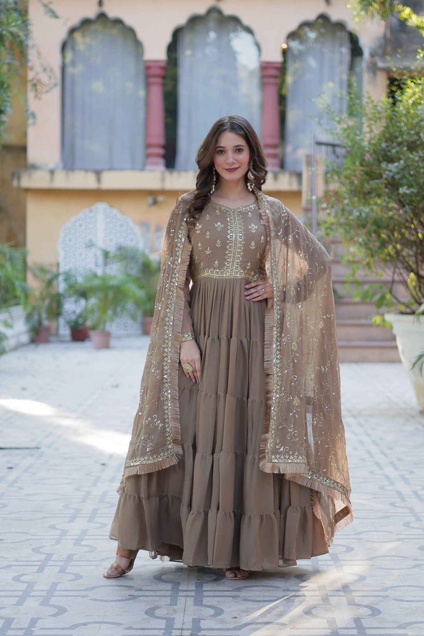 brown gown with dupatta 