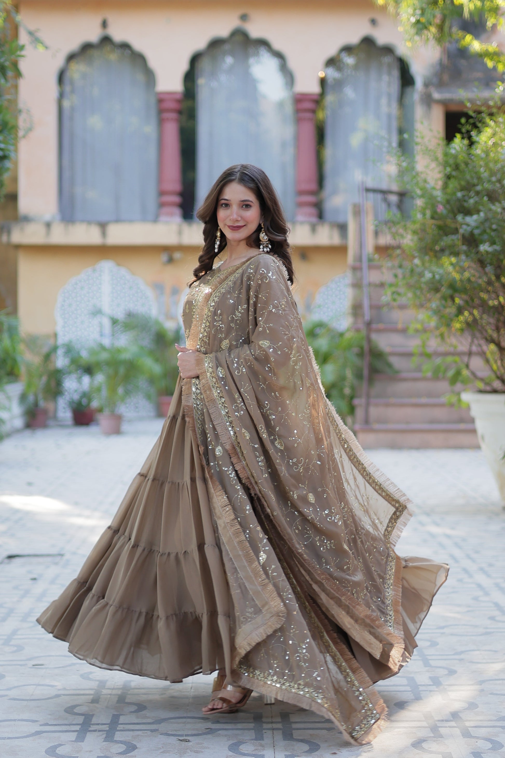 brown gown with dupatta 