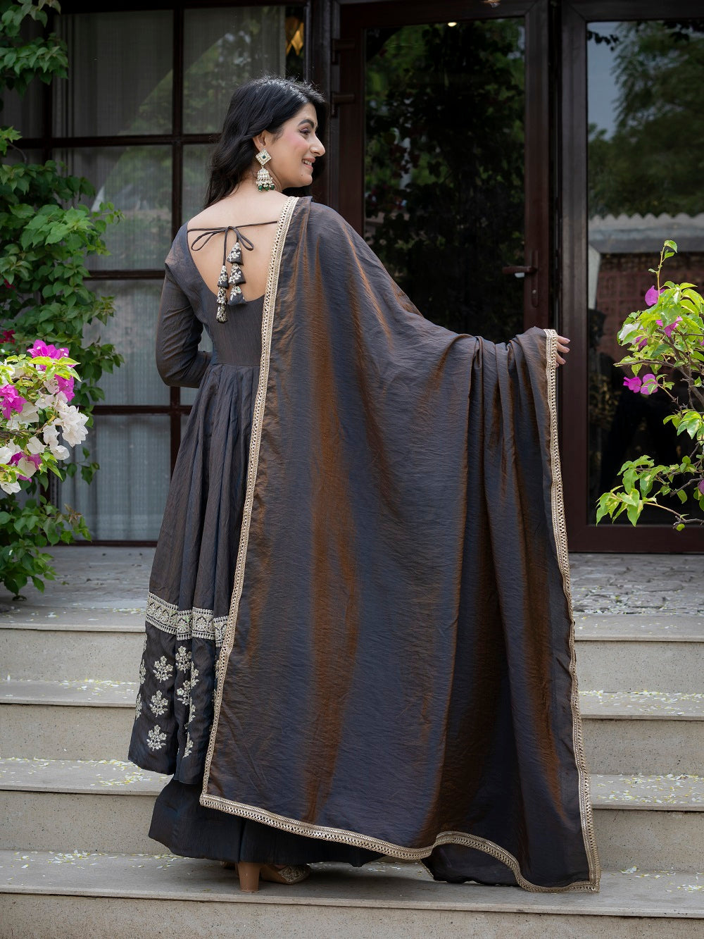 Charcoal Grey Embroidered Flared Anarkali Suit with Dupatta