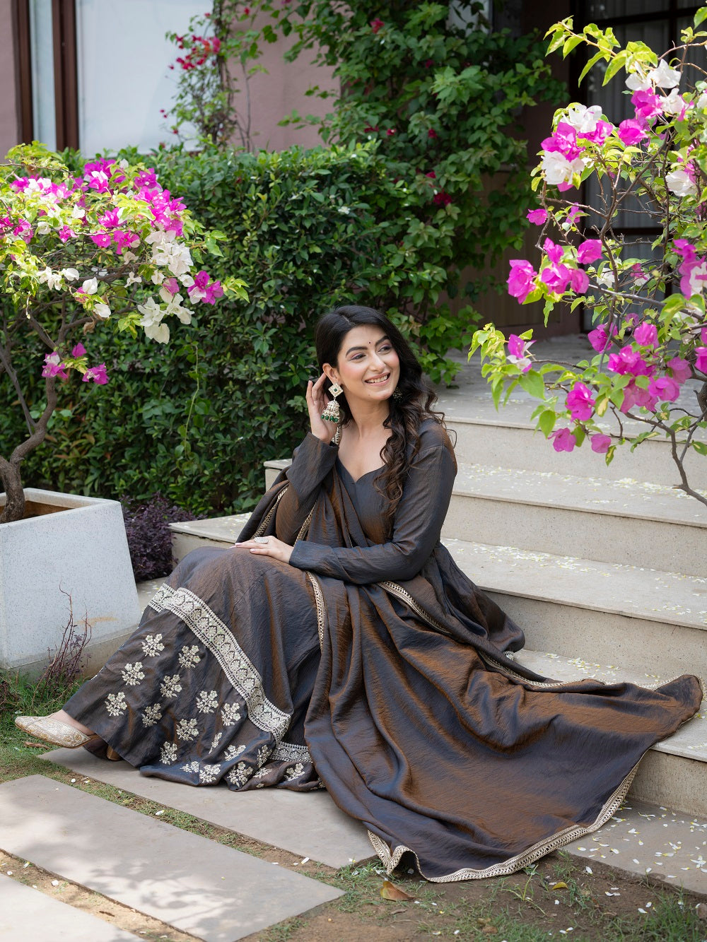 Charcoal Grey Embroidered Flared Anarkali Suit with Dupatta