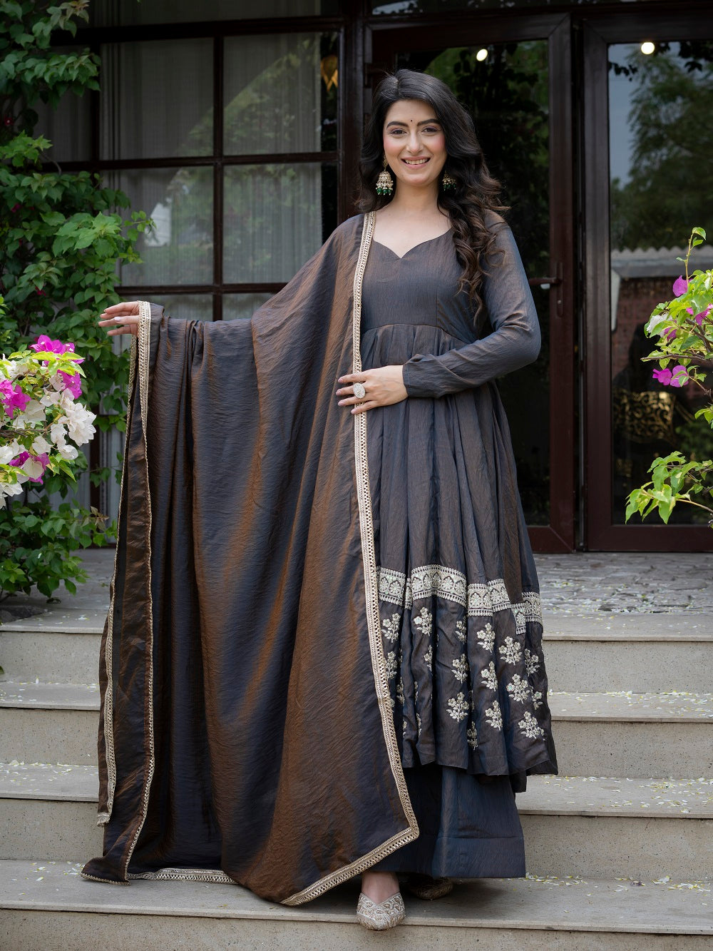 Charcoal Grey Embroidered Flared Anarkali Suit with Dupatta