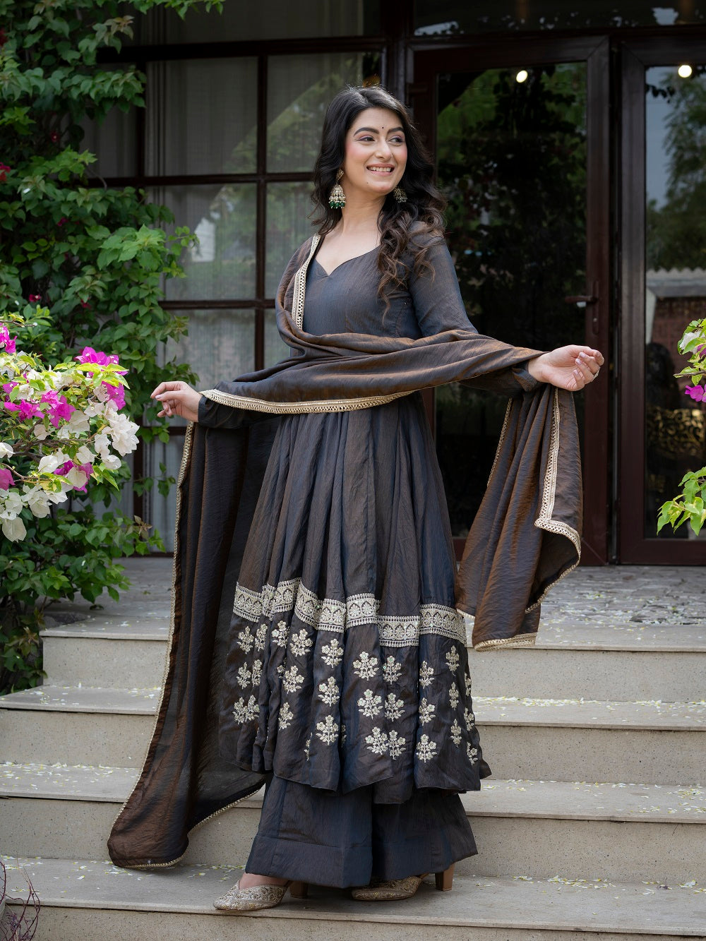 Charcoal Grey Embroidered Flared Anarkali Suit with Dupatta