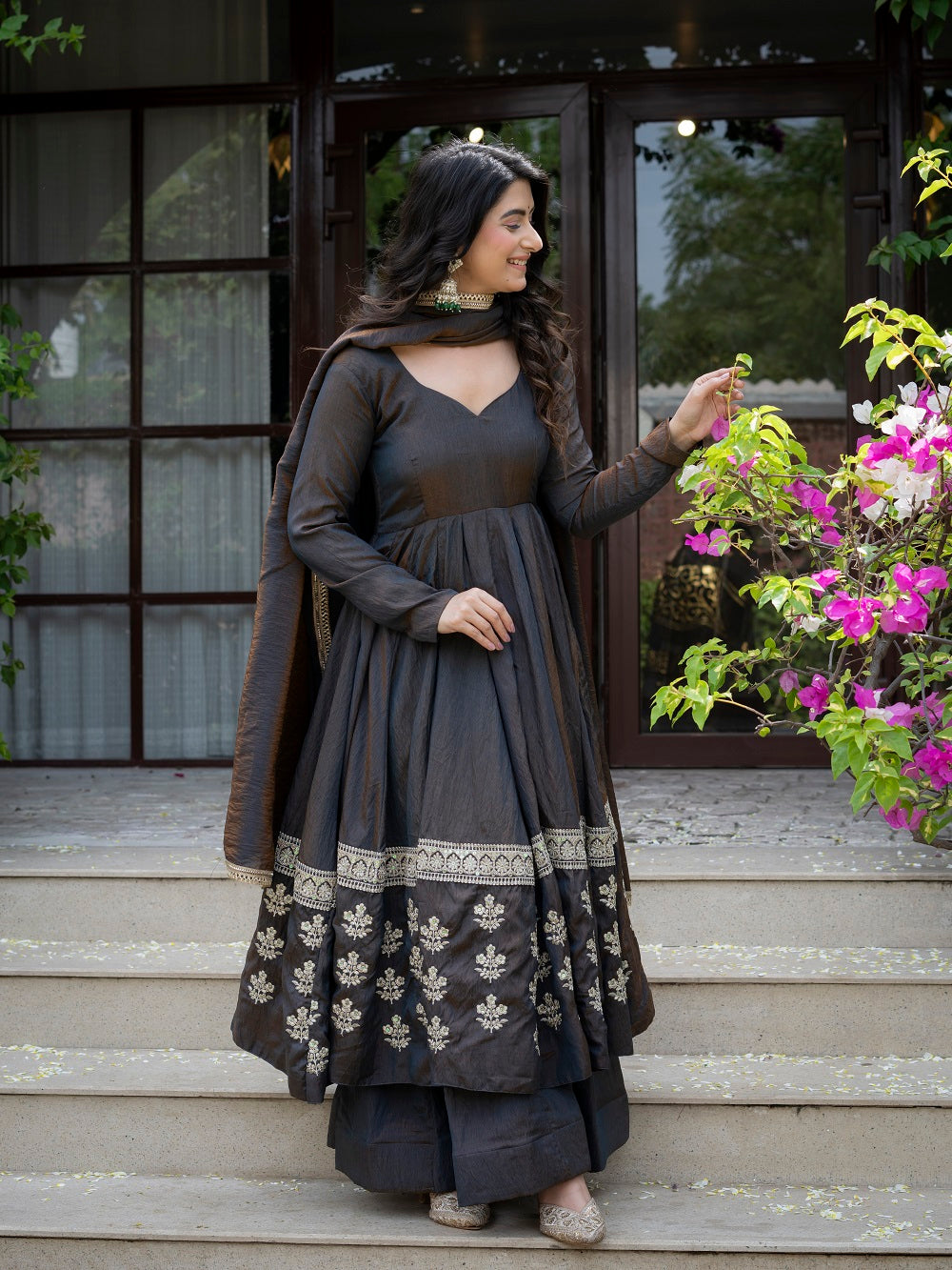 Charcoal Grey Embroidered Flared Anarkali Suit with Dupatta