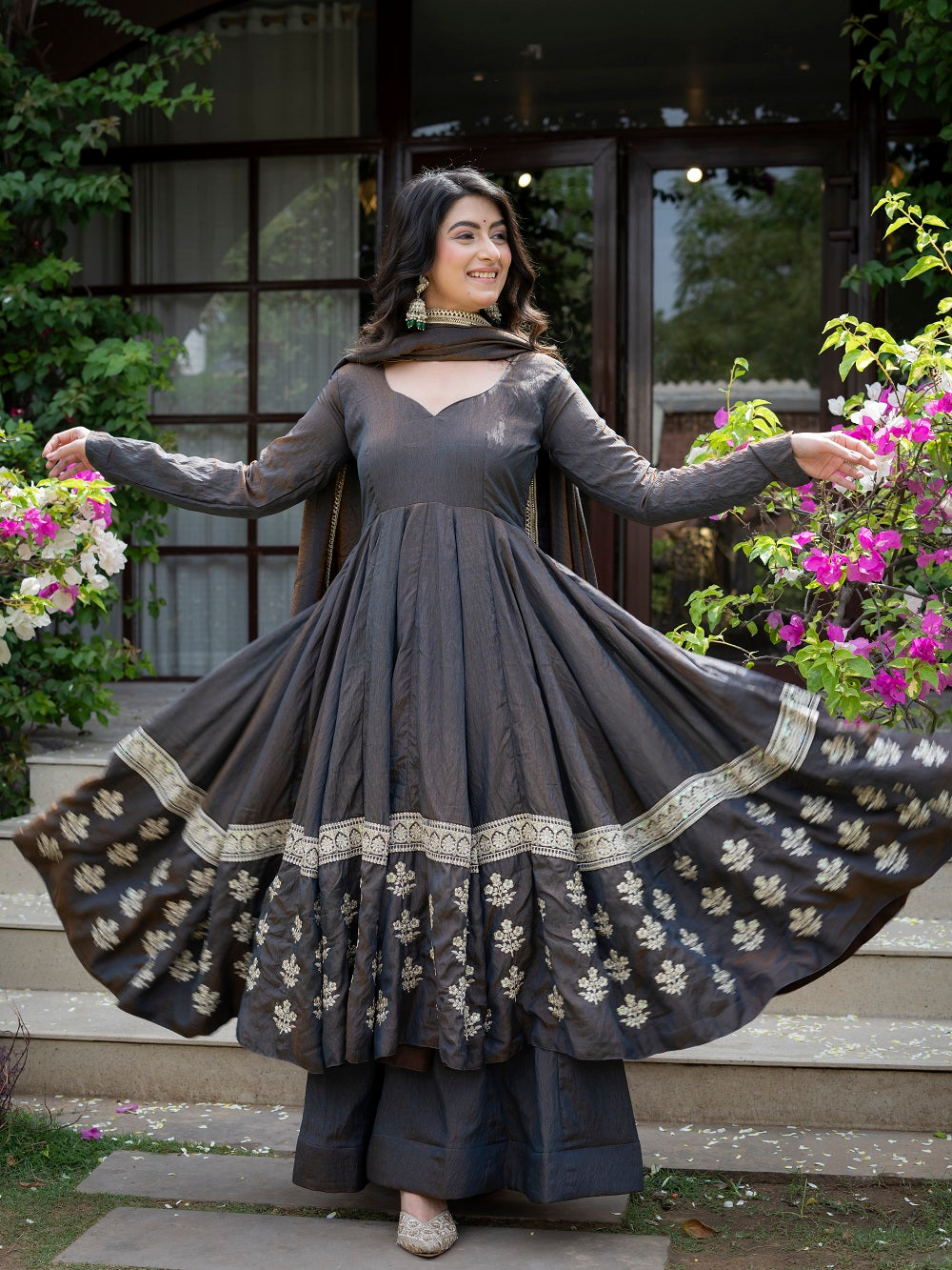 Charcoal Grey Embroidered Flared Anarkali Suit with Dupatta