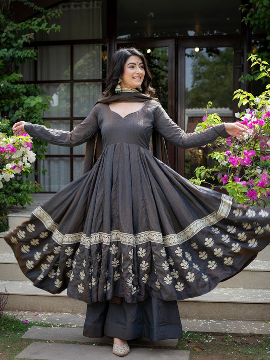 Charcoal Grey Embroidered Flared Anarkali Suit with Dupatta