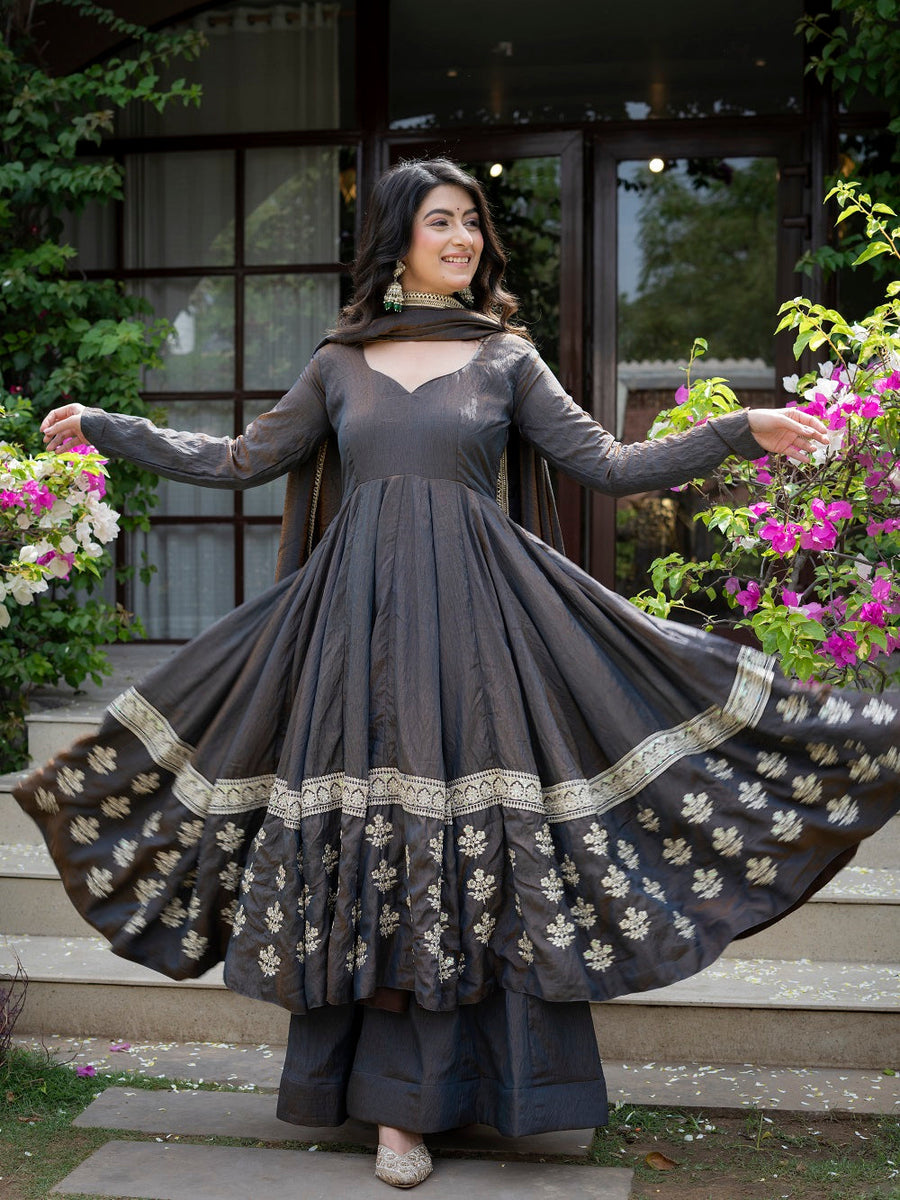 Charcoal Grey Embroidered Flared Anarkali Suit with Dupatta
