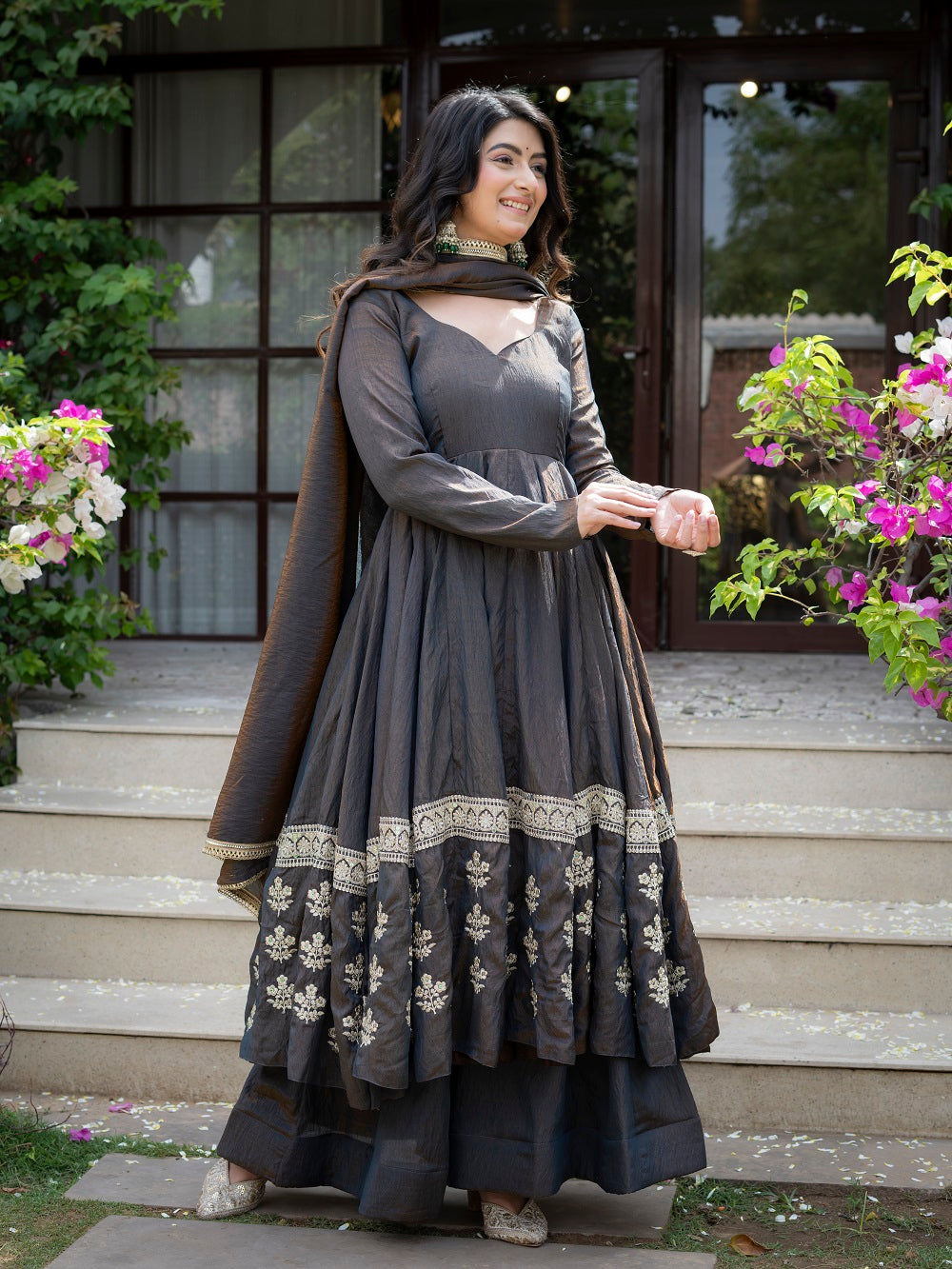 Charcoal Grey Embroidered Flared Anarkali Suit with Dupatta