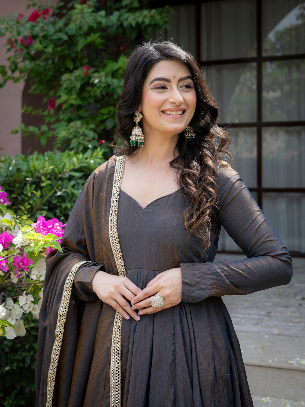 Charcoal Grey Embroidered Flared Anarkali Suit with Dupatta