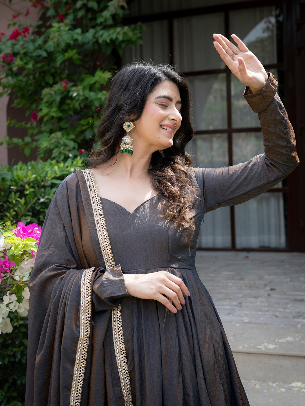 Charcoal Grey Embroidered Flared Anarkali Suit with Dupatta