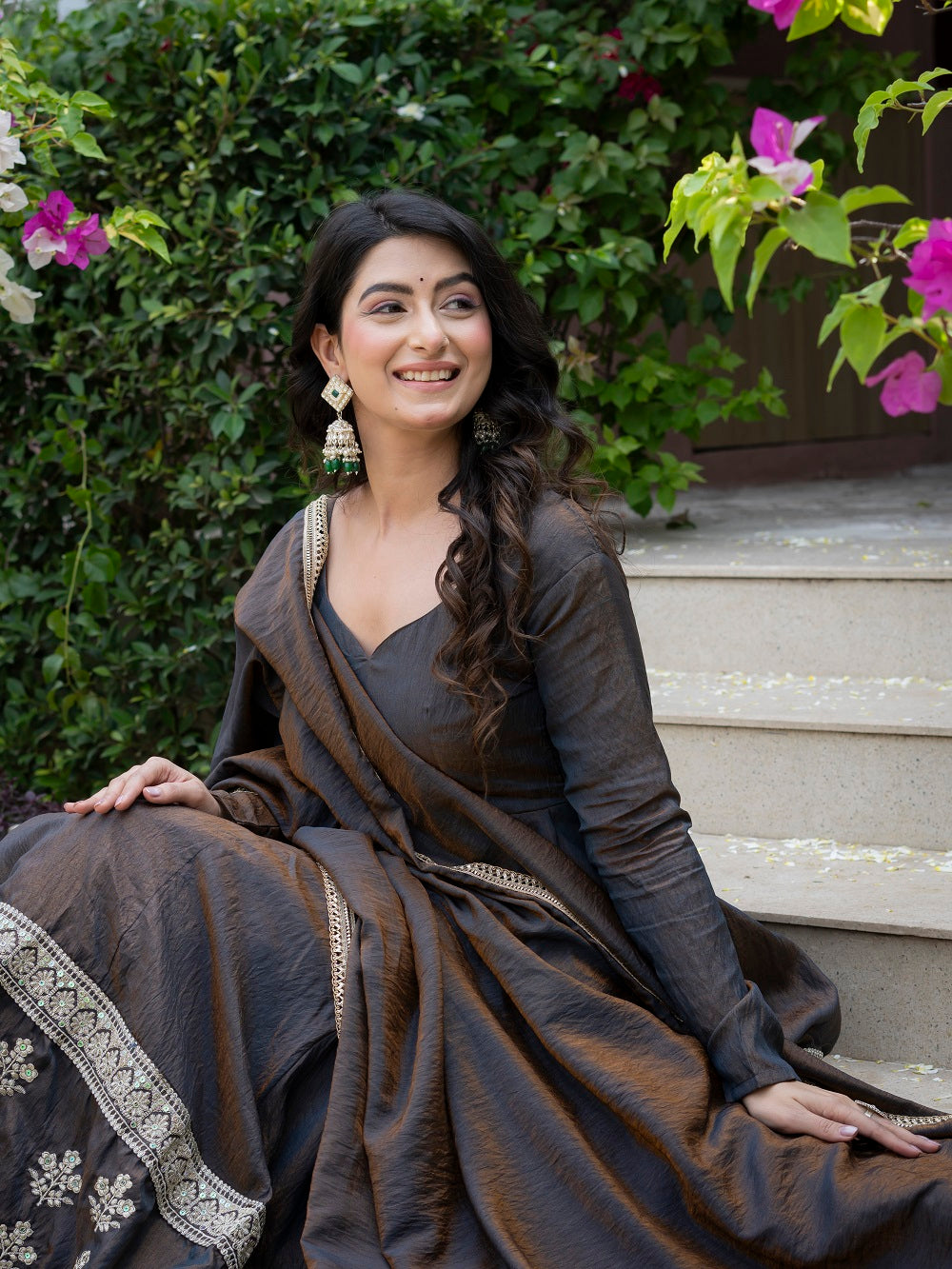 Charcoal Grey Embroidered Flared Anarkali Suit with Dupatta