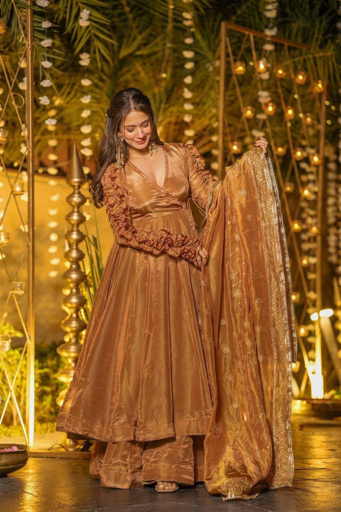 Copper Gold Anarkali Suit Set with Dupatta