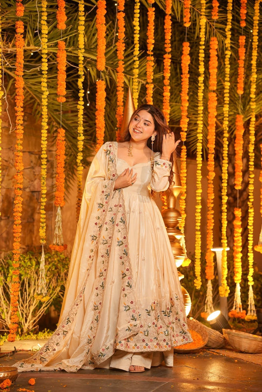 Cream Anarkali Suit Set for Wedding & Festive